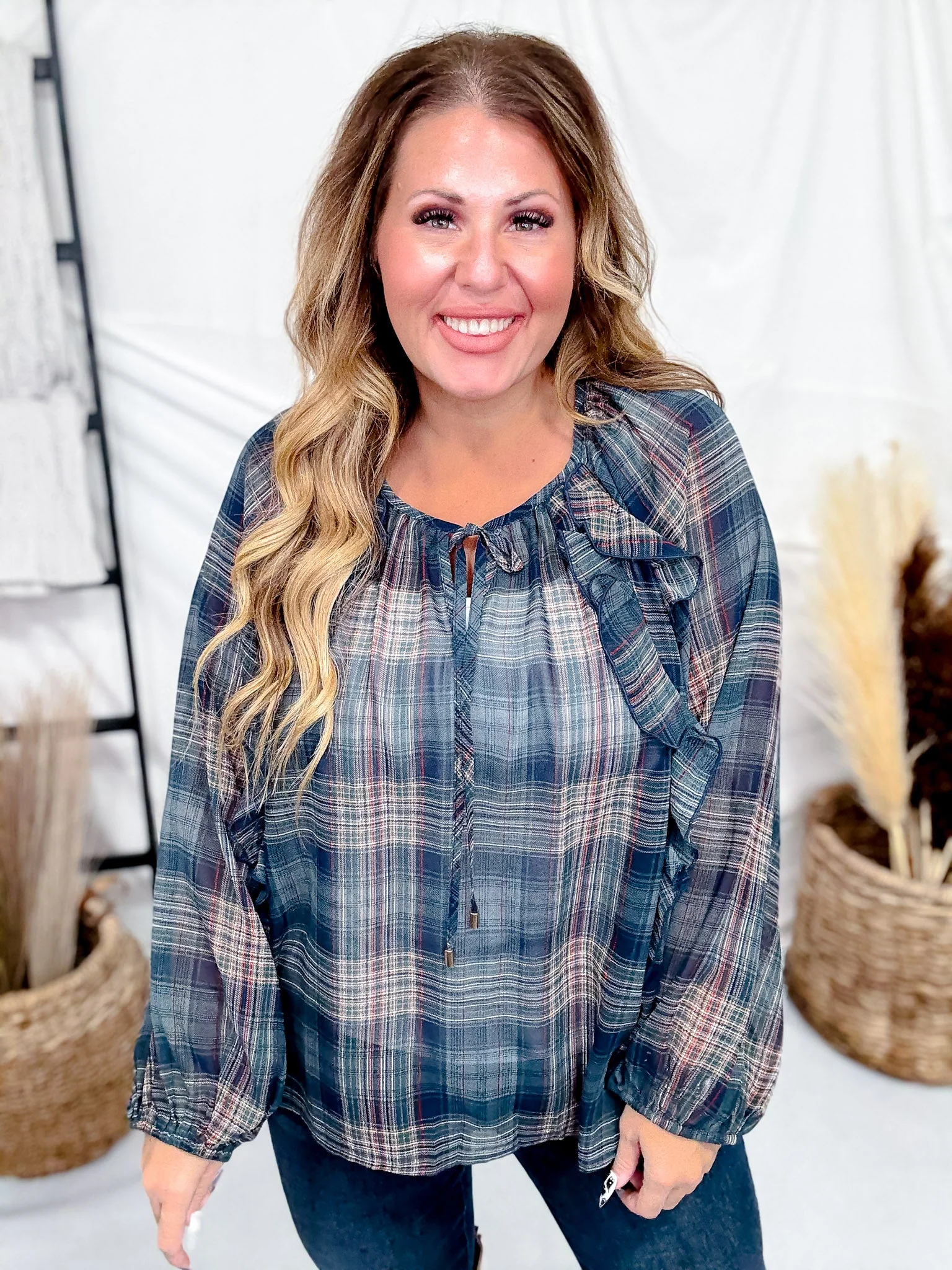 Green Plaid Peasant Blouse With Ruffle Trim FINAL SALE