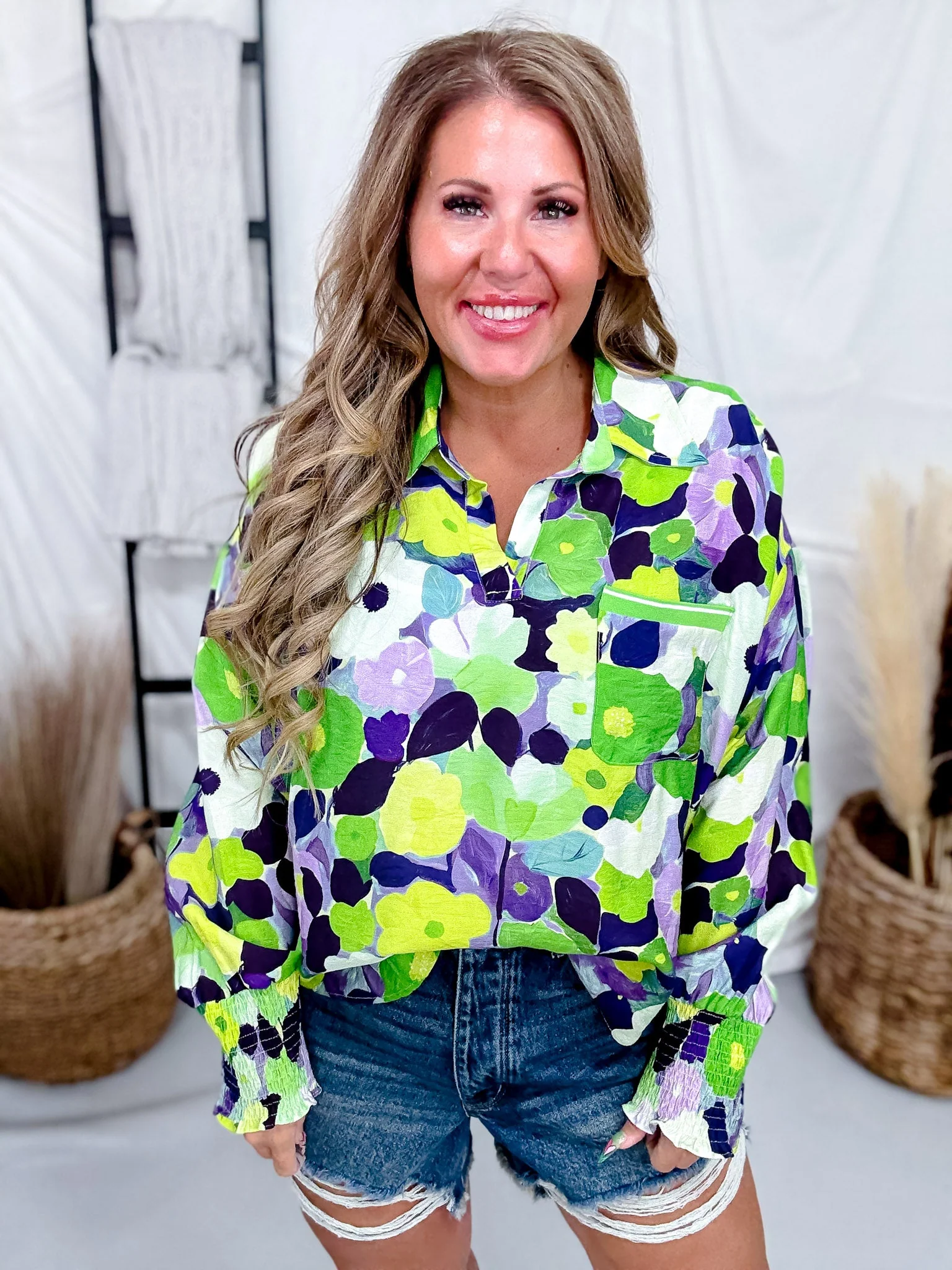 Green & Purple Floral Print Button Down Top FINAL SALE - Image 3