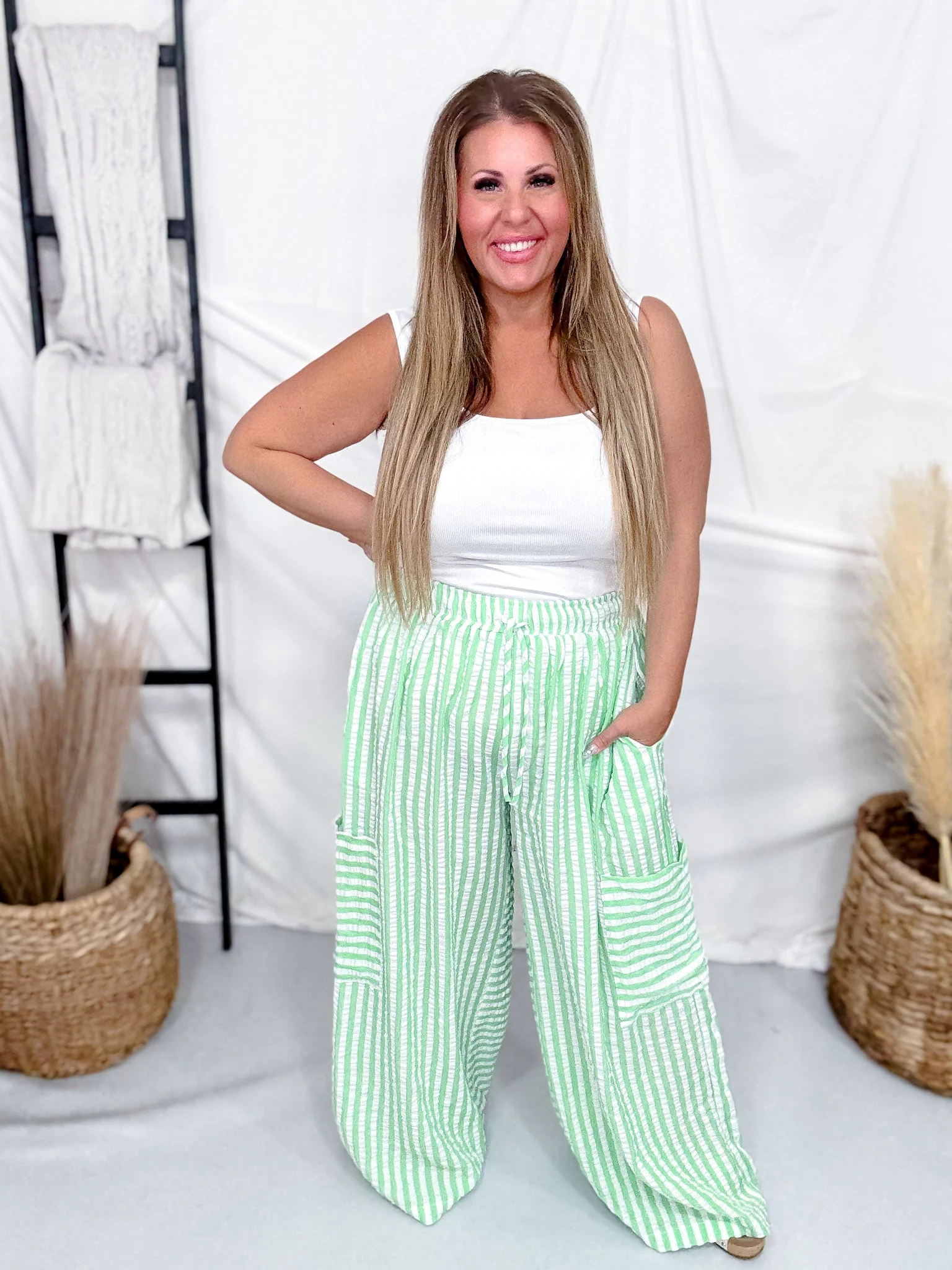 Green & White Striped Wide Leg Lounge Pants FINAL SALE - Image 2