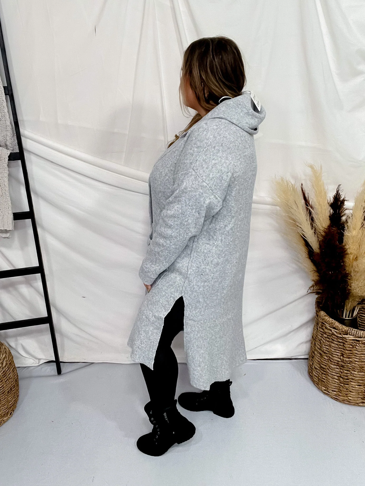 Grey Hooded Cardigan with Side Slit FINAL SALE - Image 4