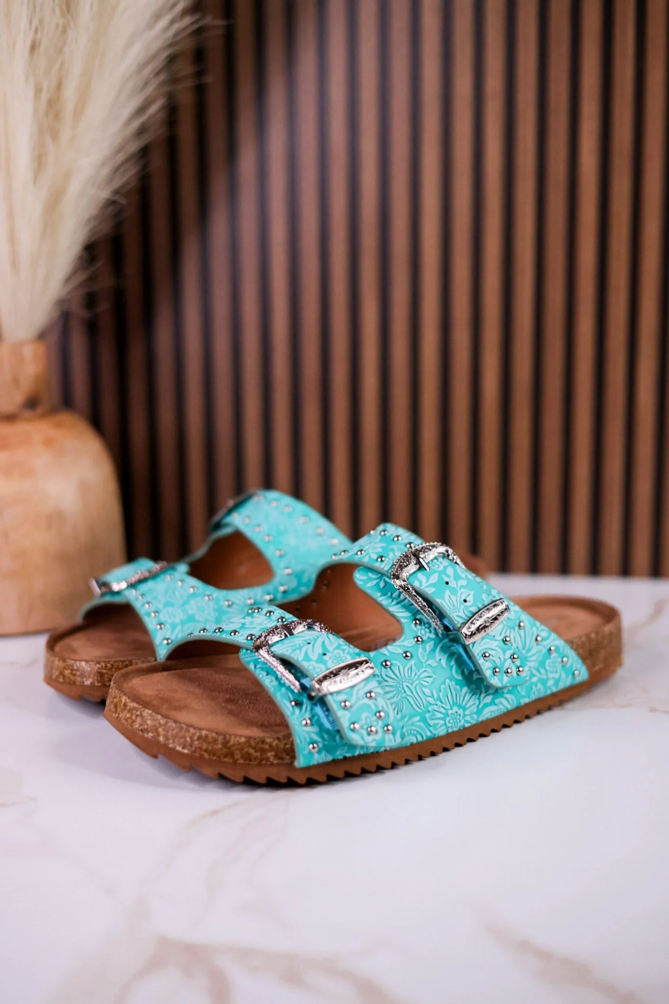 "Heidi" Turquoise Floral Embossed Sandals With Western Style Buckles