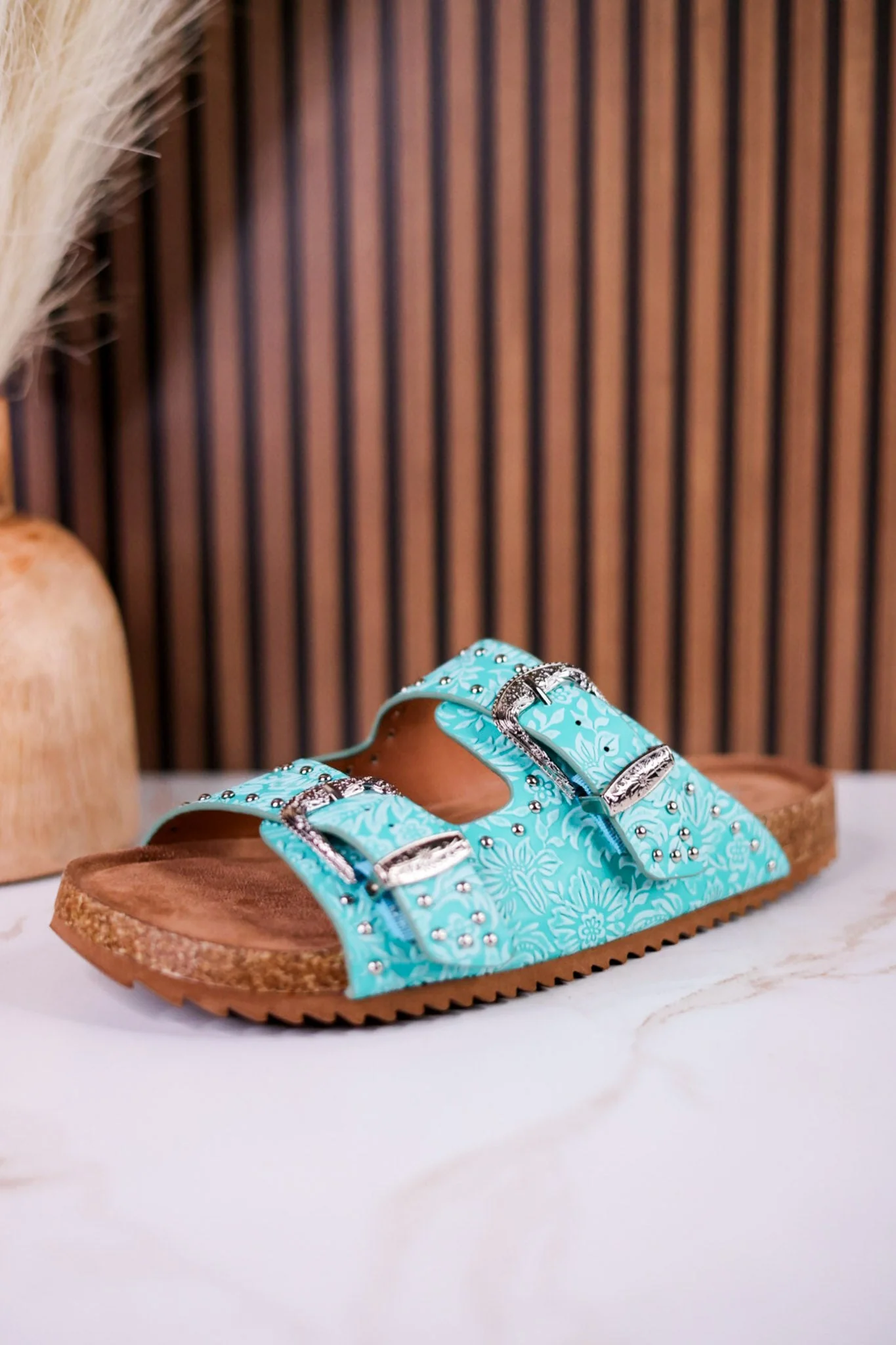 "Heidi" Turquoise Floral Embossed Sandals With Western Style Buckles - Image 10