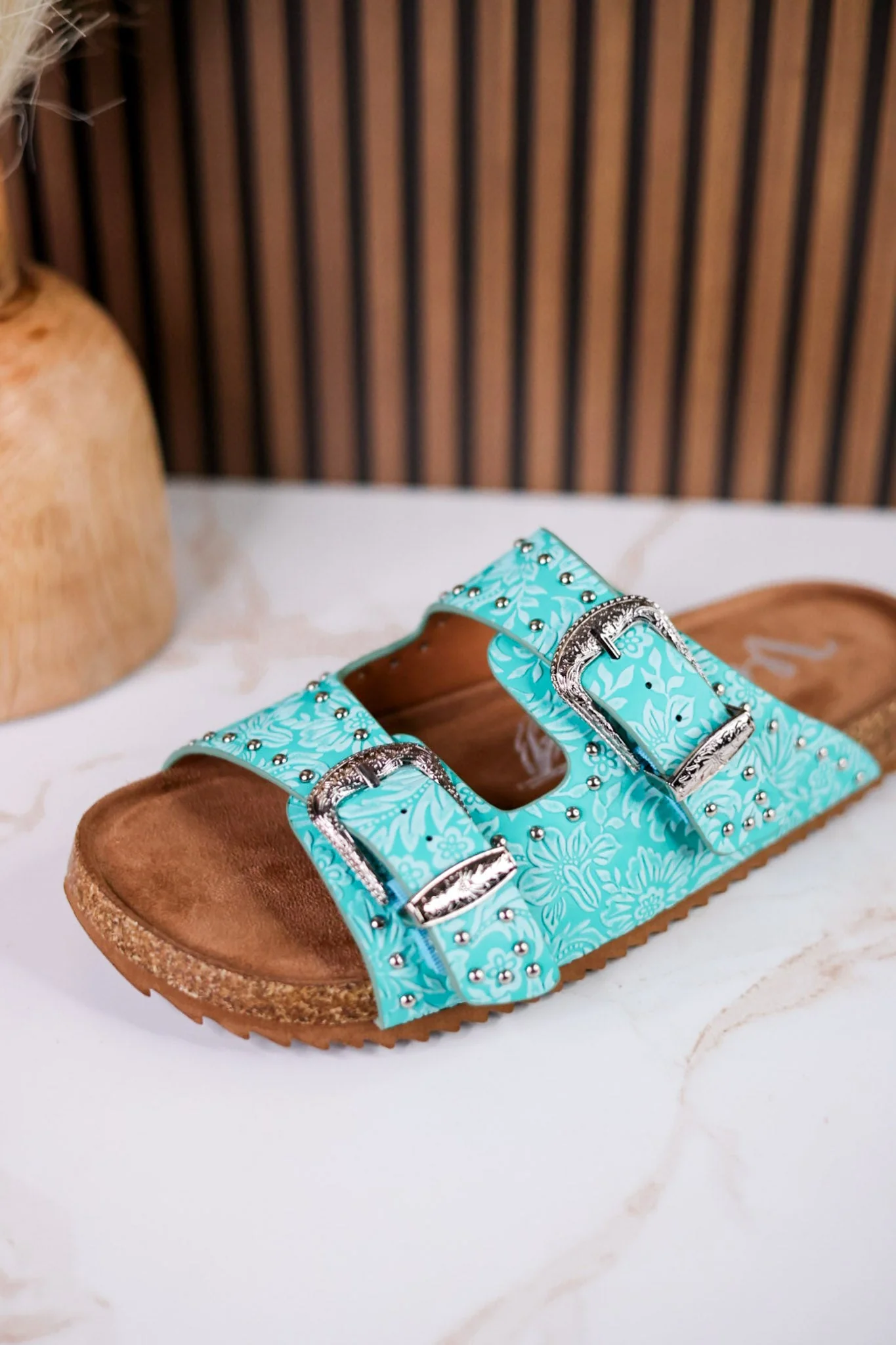"Heidi" Turquoise Floral Embossed Sandals With Western Style Buckles - Image 11