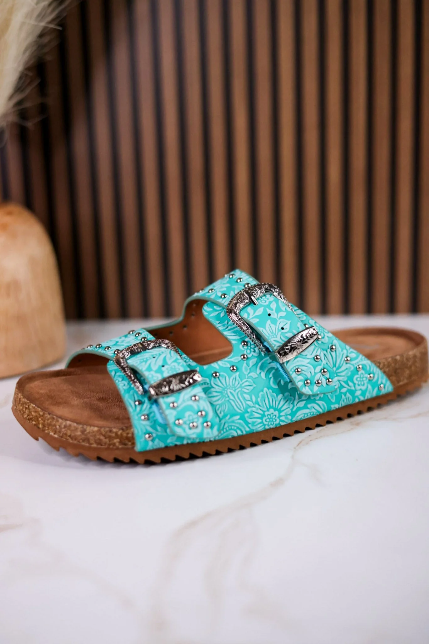 "Heidi" Turquoise Floral Embossed Sandals With Western Style Buckles - Image 4