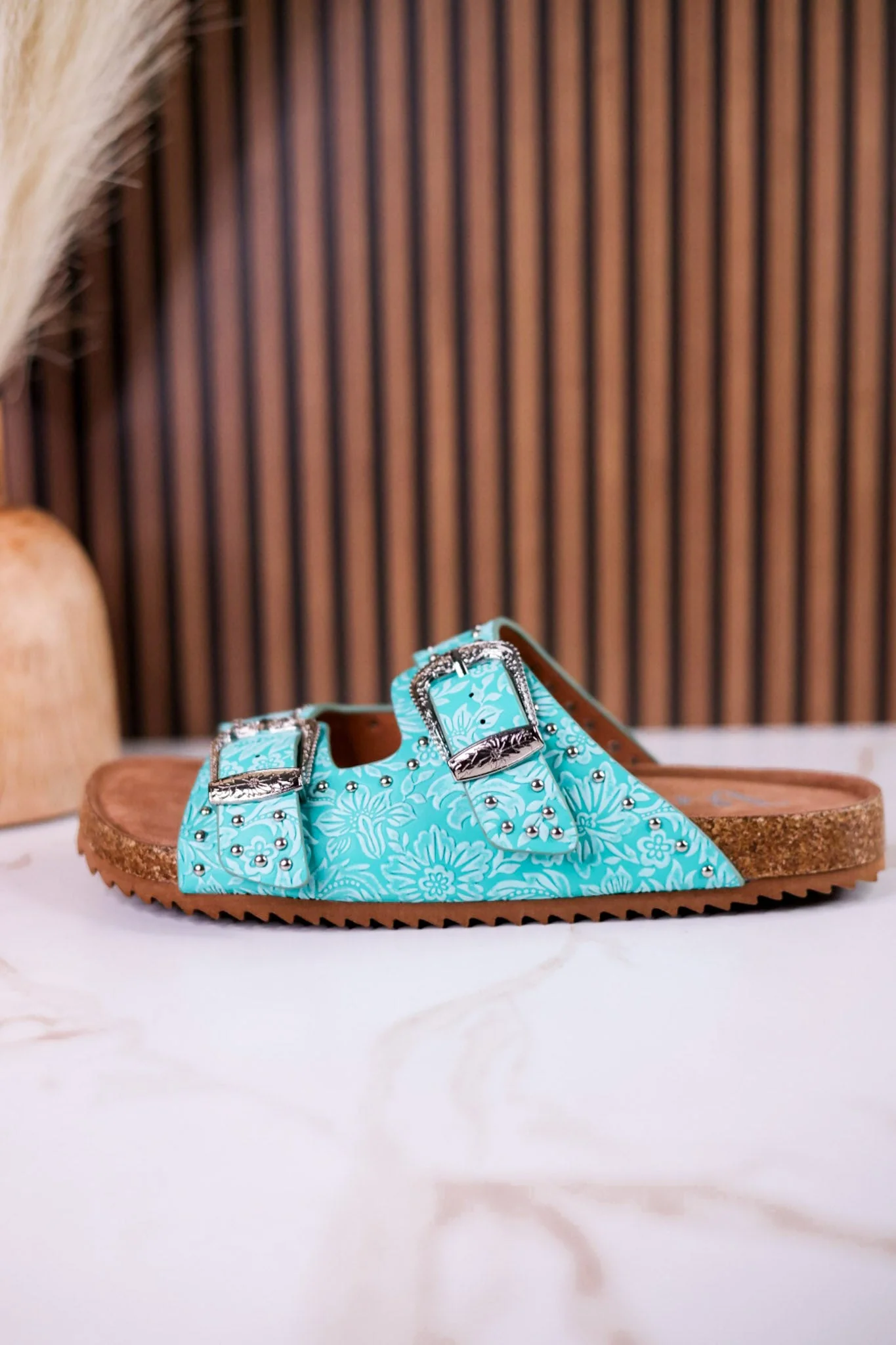 "Heidi" Turquoise Floral Embossed Sandals With Western Style Buckles - Image 6