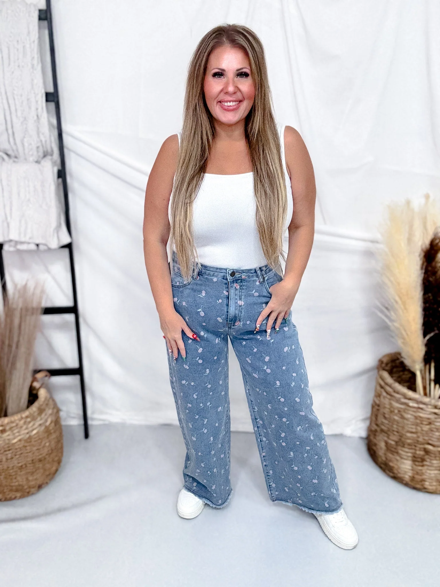 High Waist Cherry Print Denim Wide Straight Leg Jeans FINAL SALE - Image 2
