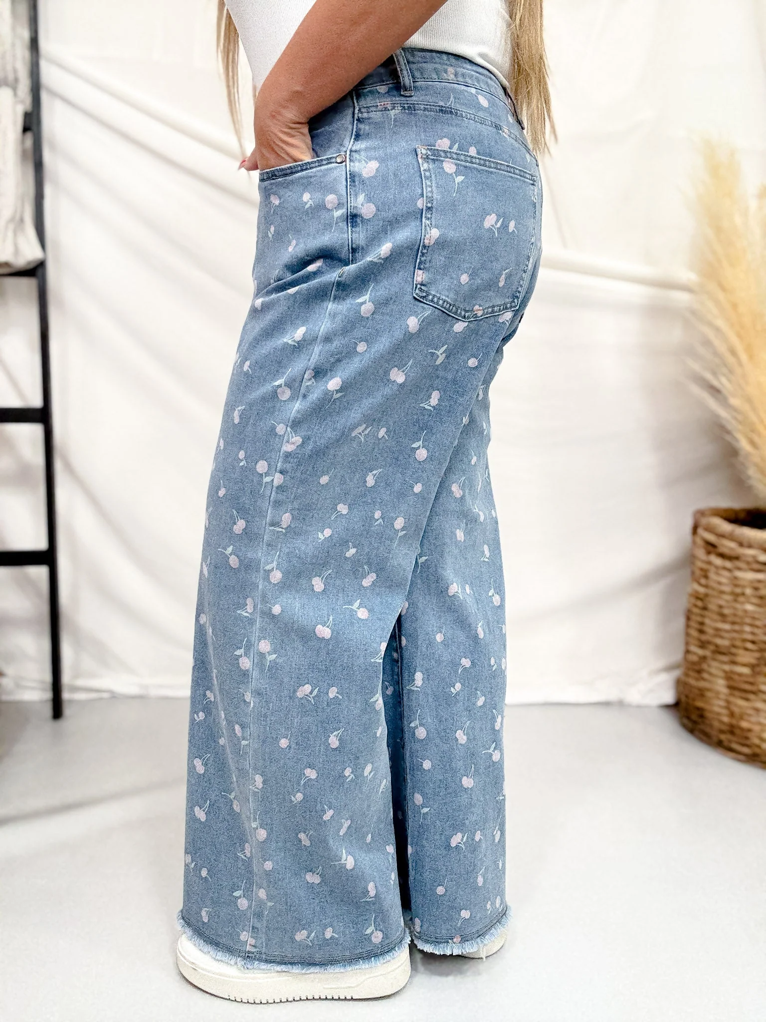 High Waist Cherry Print Denim Wide Straight Leg Jeans FINAL SALE - Image 4
