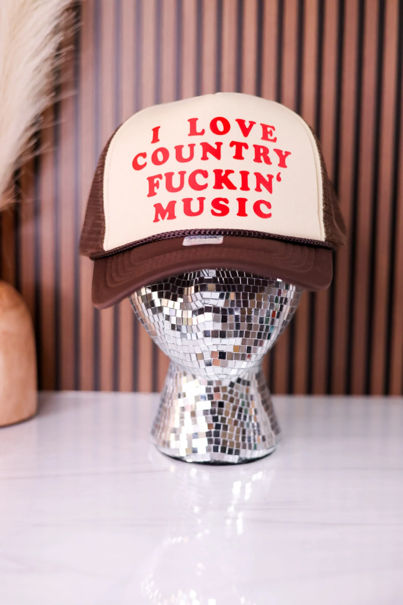 I Love Country Fuckin' Music In Brown & Red Trucker Hat - Image 2