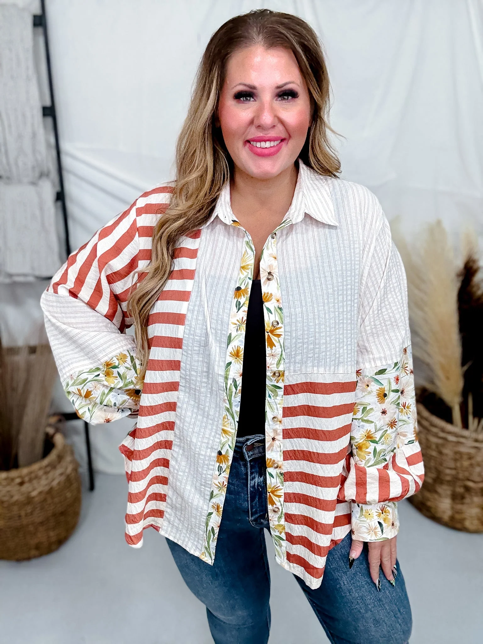 Ivory And Rust Mixed Print Button Down Top - Image 3