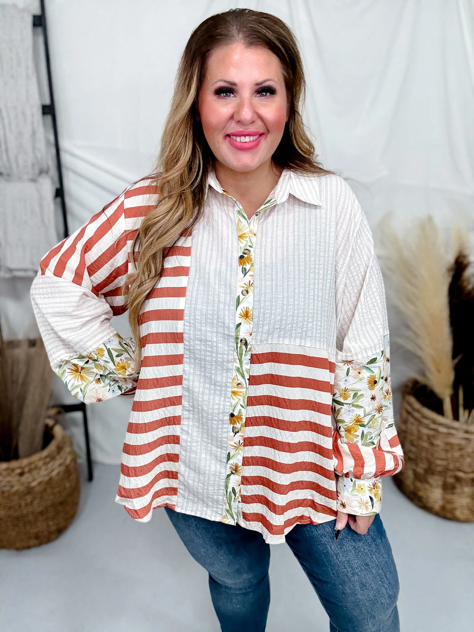 Ivory And Rust Mixed Print Button Down Top - Image 9
