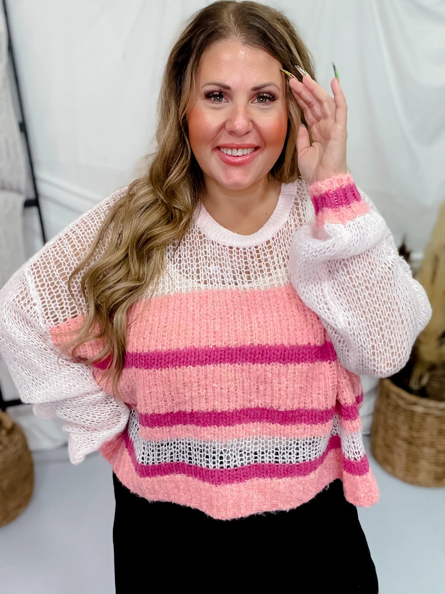 Ivory & Blush Loose Knit Yolk Detail Striped Sweater FINAL SALE - Image 2