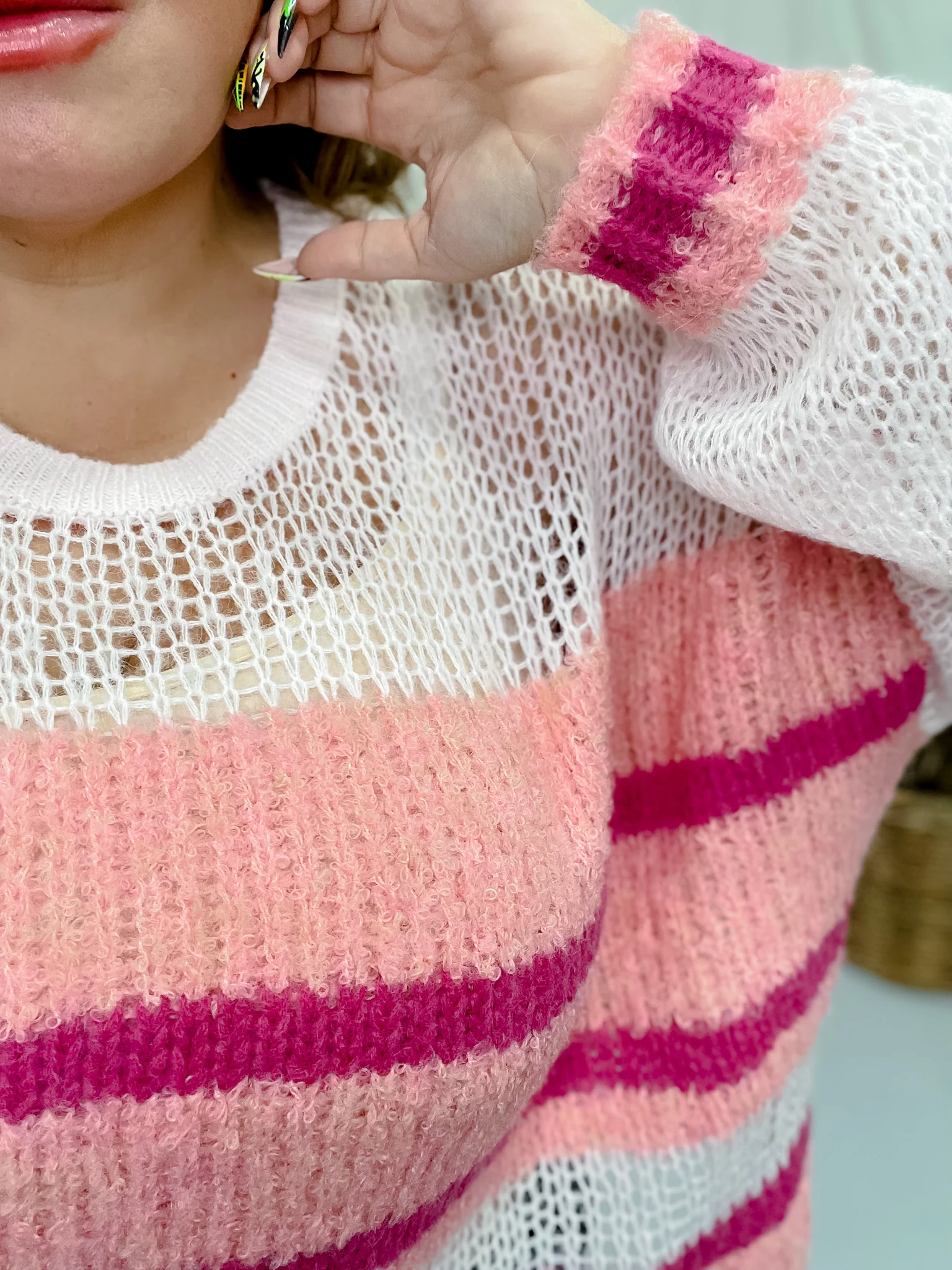 Ivory & Blush Loose Knit Yolk Detail Striped Sweater FINAL SALE - Image 4