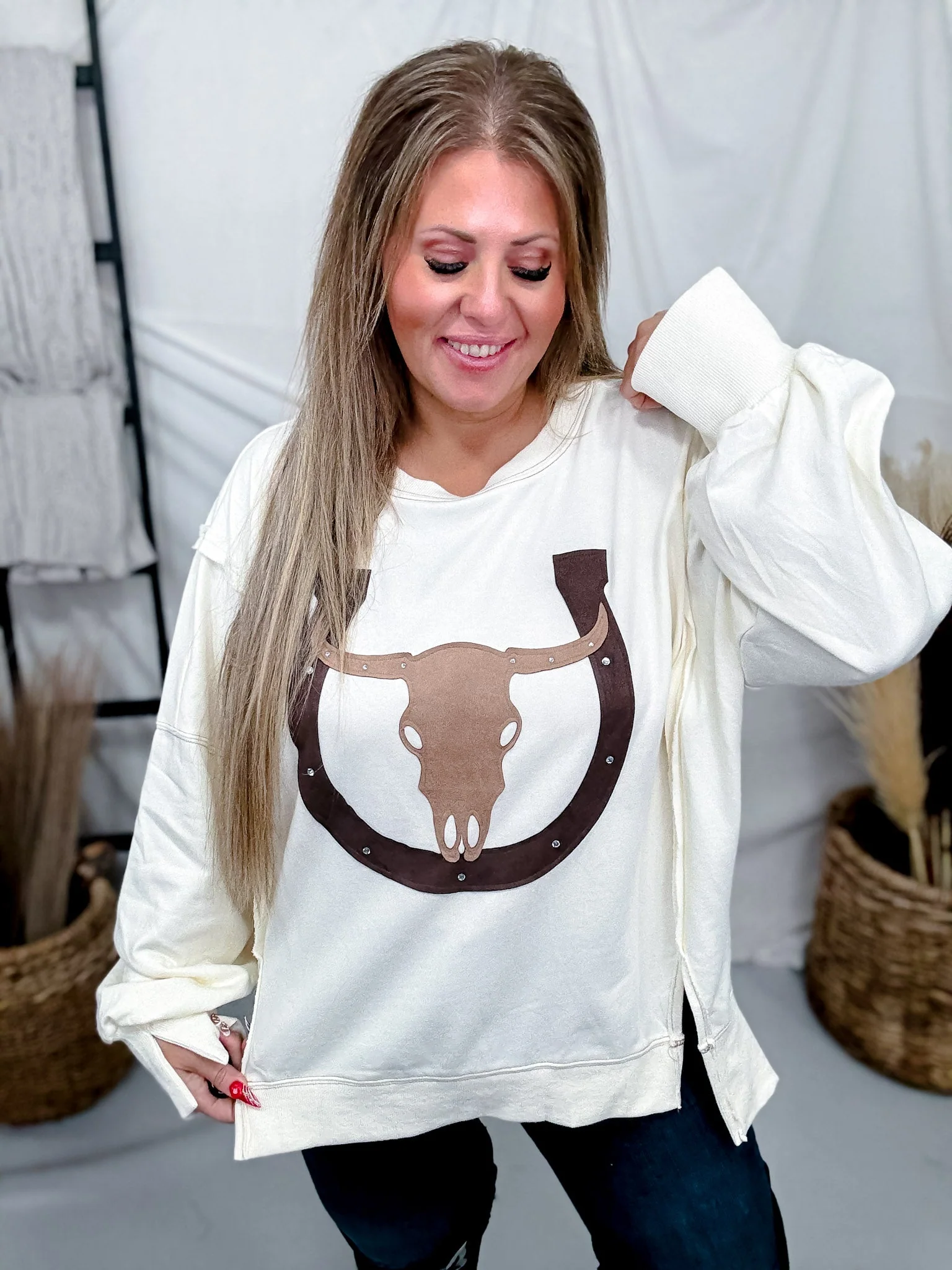 Ivory Cow Skull & Horseshoe Sweatshirt FINAL SALE - Image 3