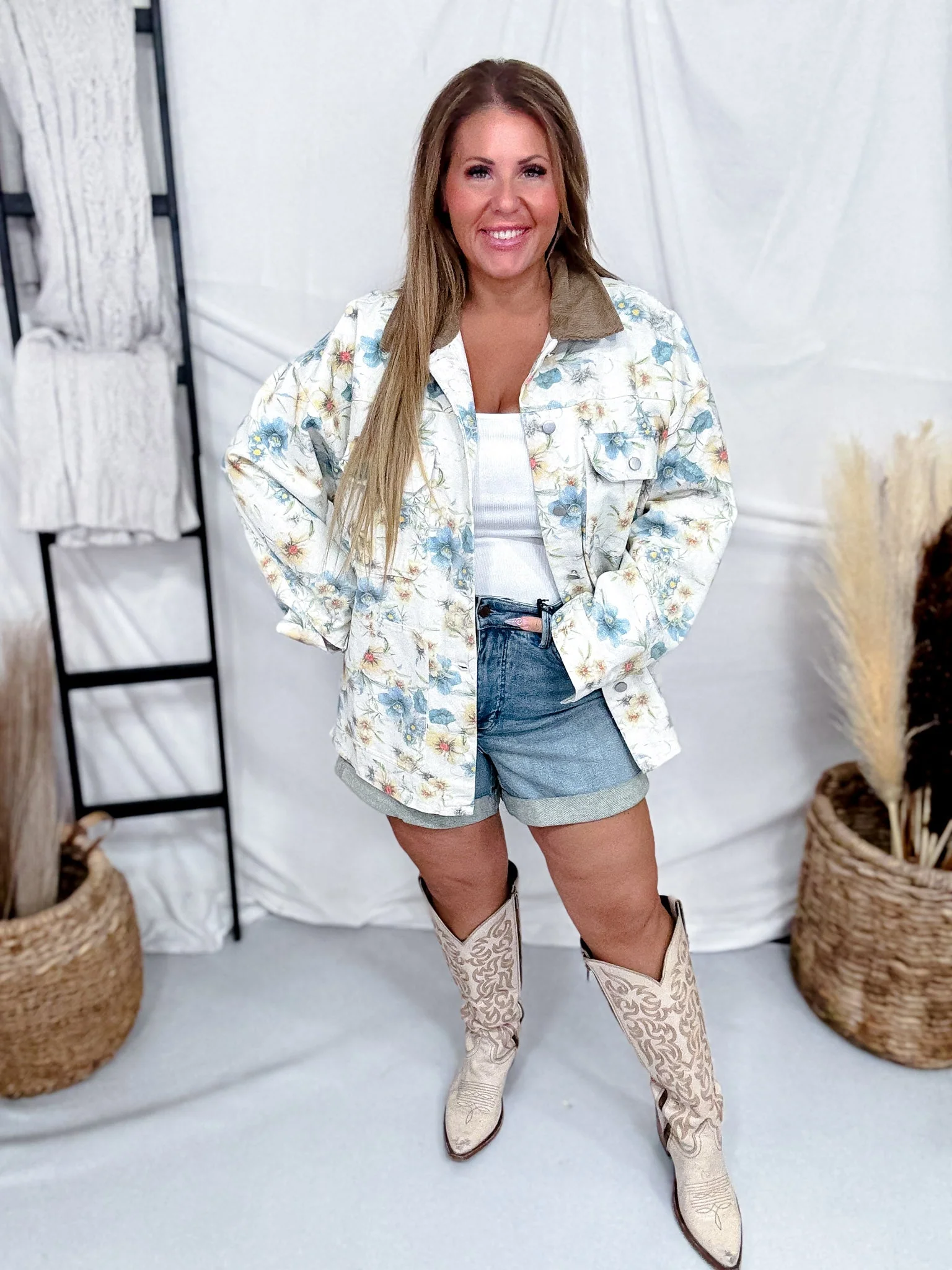 Ivory Denim Jacket With Blue Floral Print & Corduroy Collar - Image 2