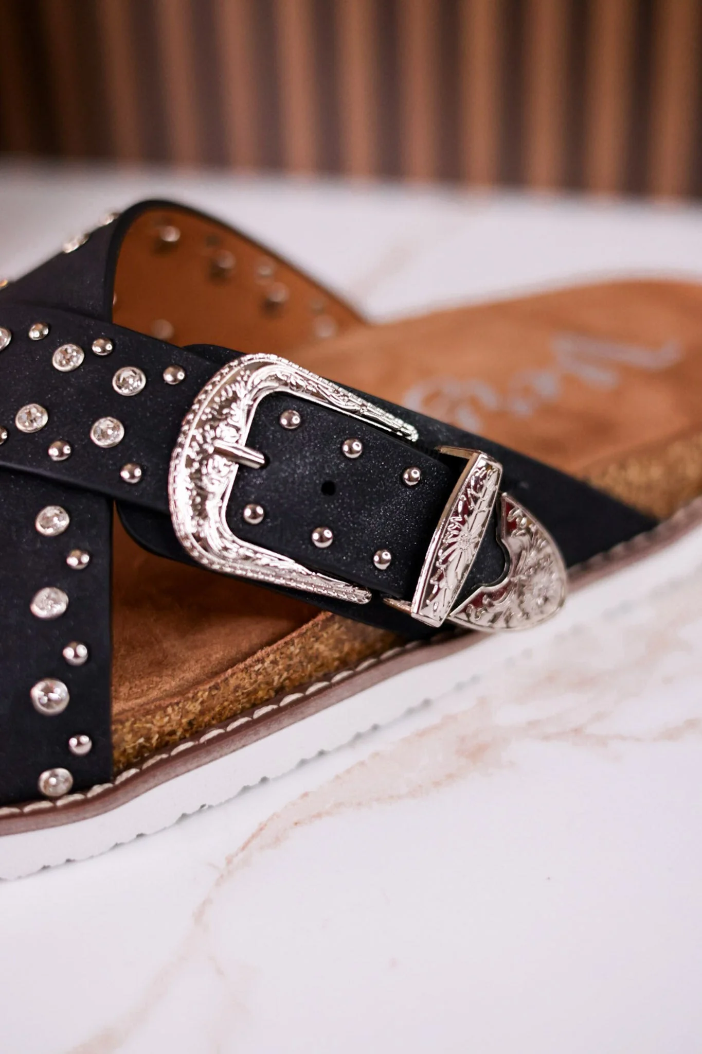 "Jocilyn" Black Studded Slip On Sandals With Antique Style Buckle - Image 10