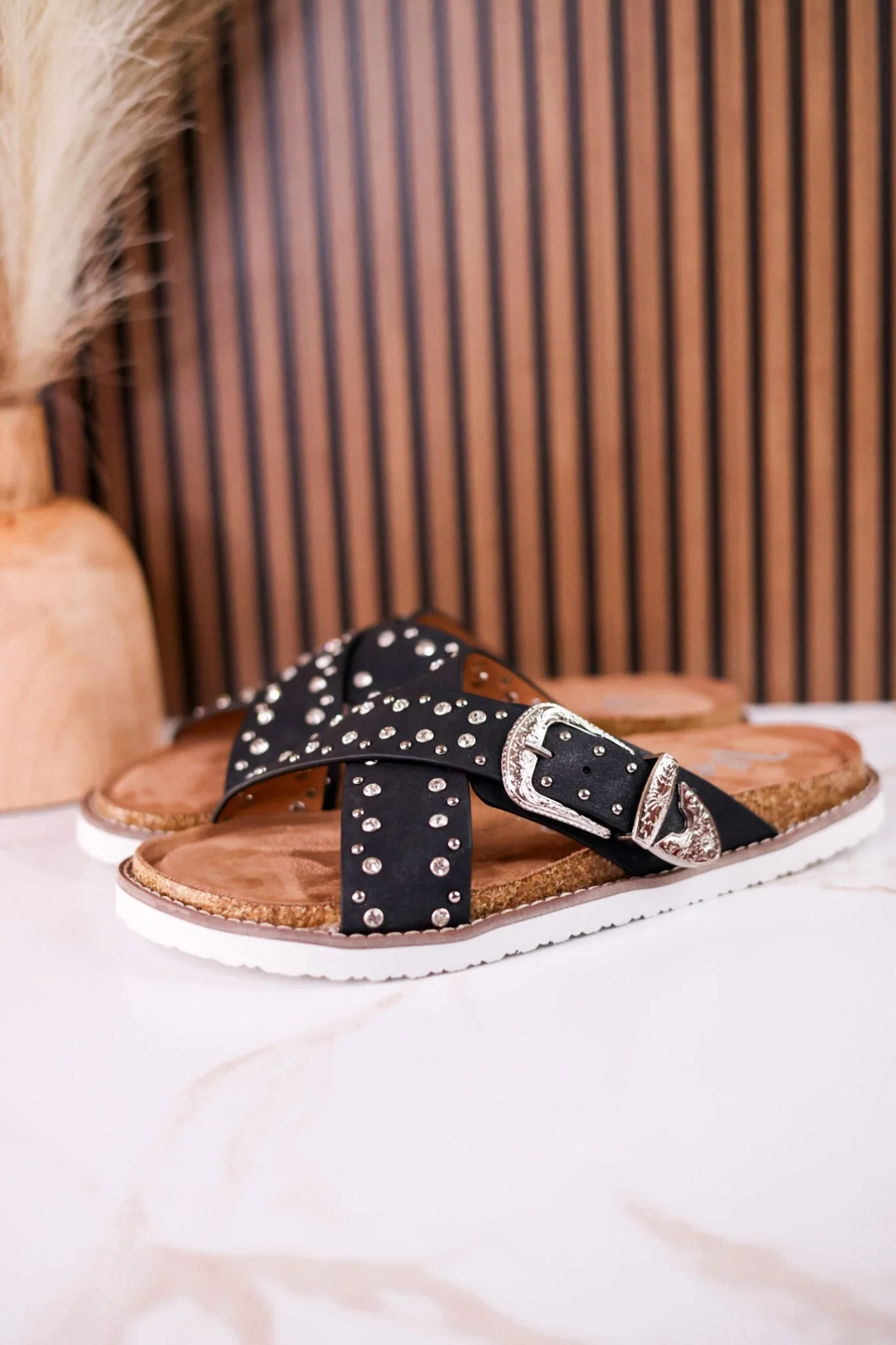 "Jocilyn" Black Studded Slip On Sandals With Antique Style Buckle - Image 2