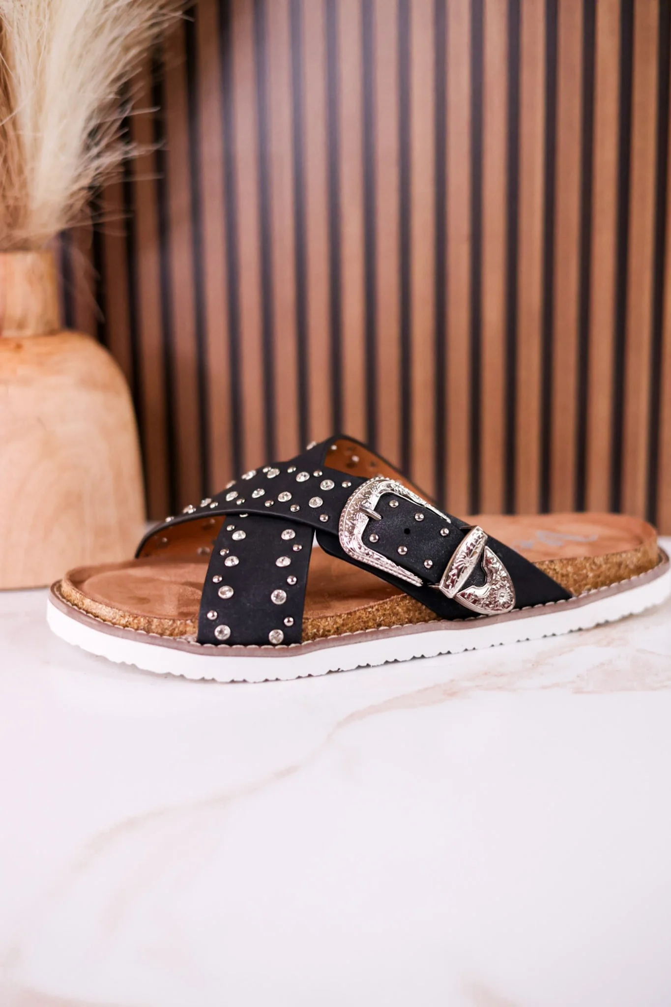 "Jocilyn" Black Studded Slip On Sandals With Antique Style Buckle - Image 5
