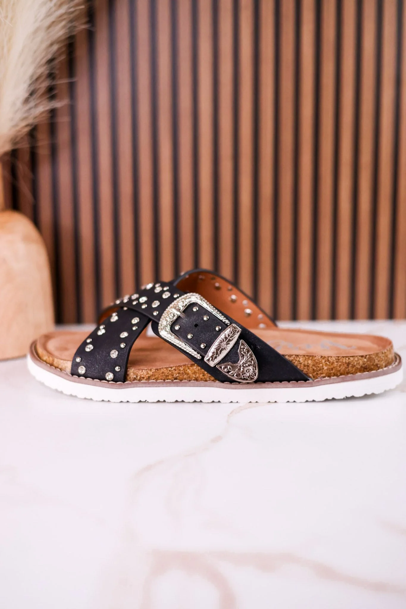 "Jocilyn" Black Studded Slip On Sandals With Antique Style Buckle - Image 6