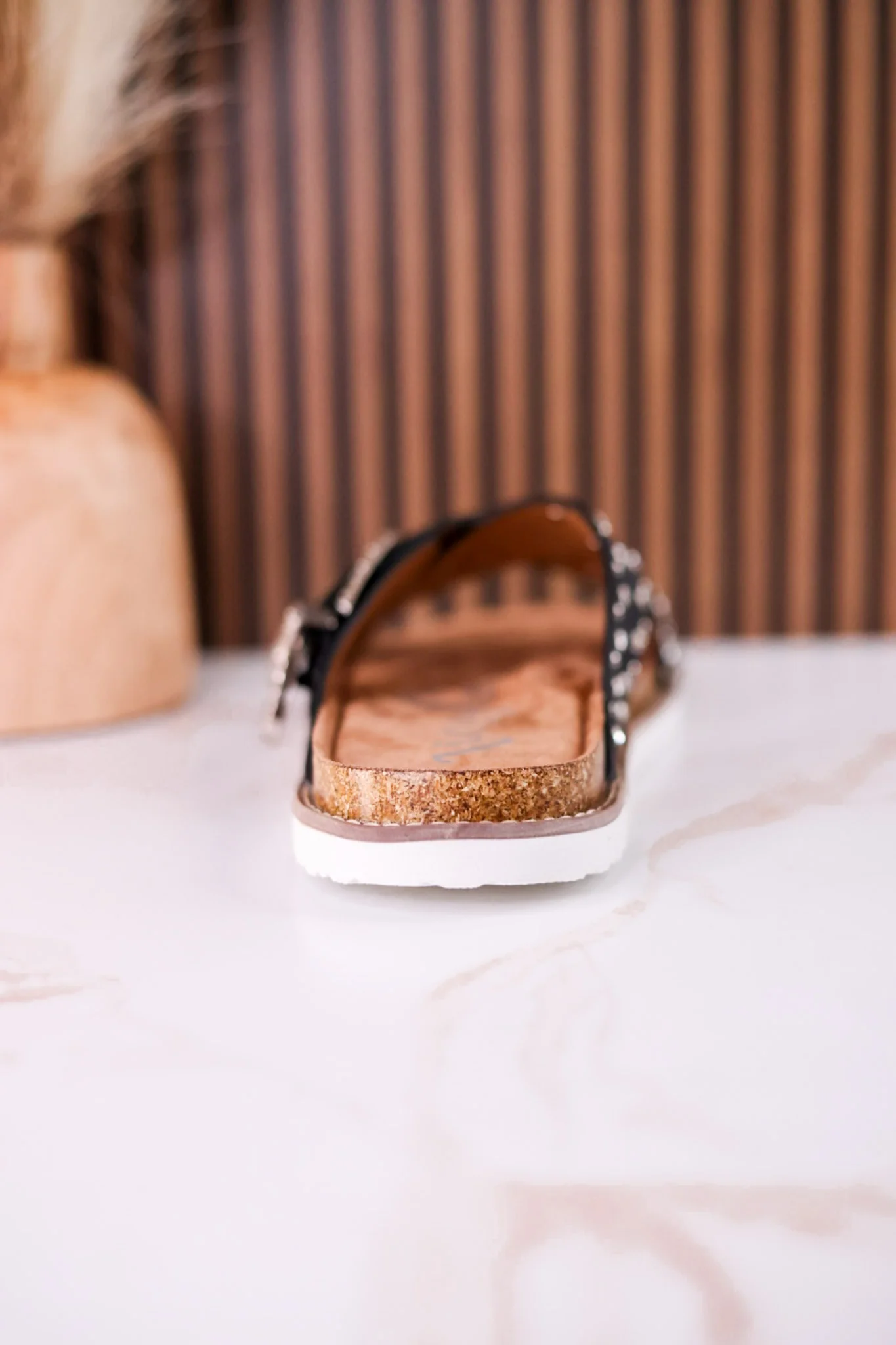"Jocilyn" Black Studded Slip On Sandals With Antique Style Buckle - Image 7