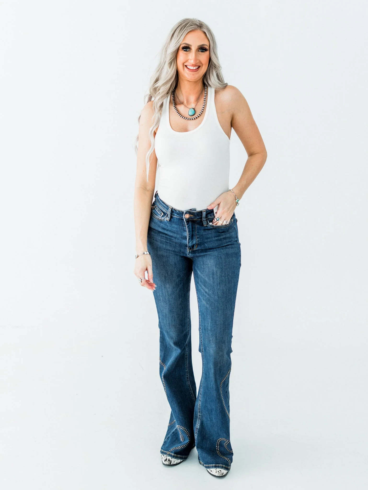 Judy Blue High Waist Flare Jeans With Western Stud Detailing FINAL SALE - Image 3