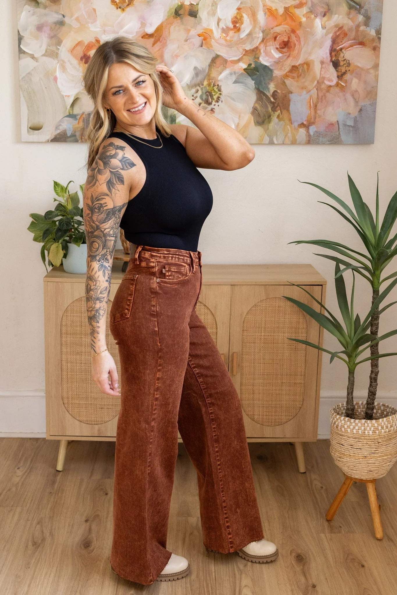 Judy Blue High Waist Pumpkin Spice Dyed Raw Hem Retro Wide - Image 5