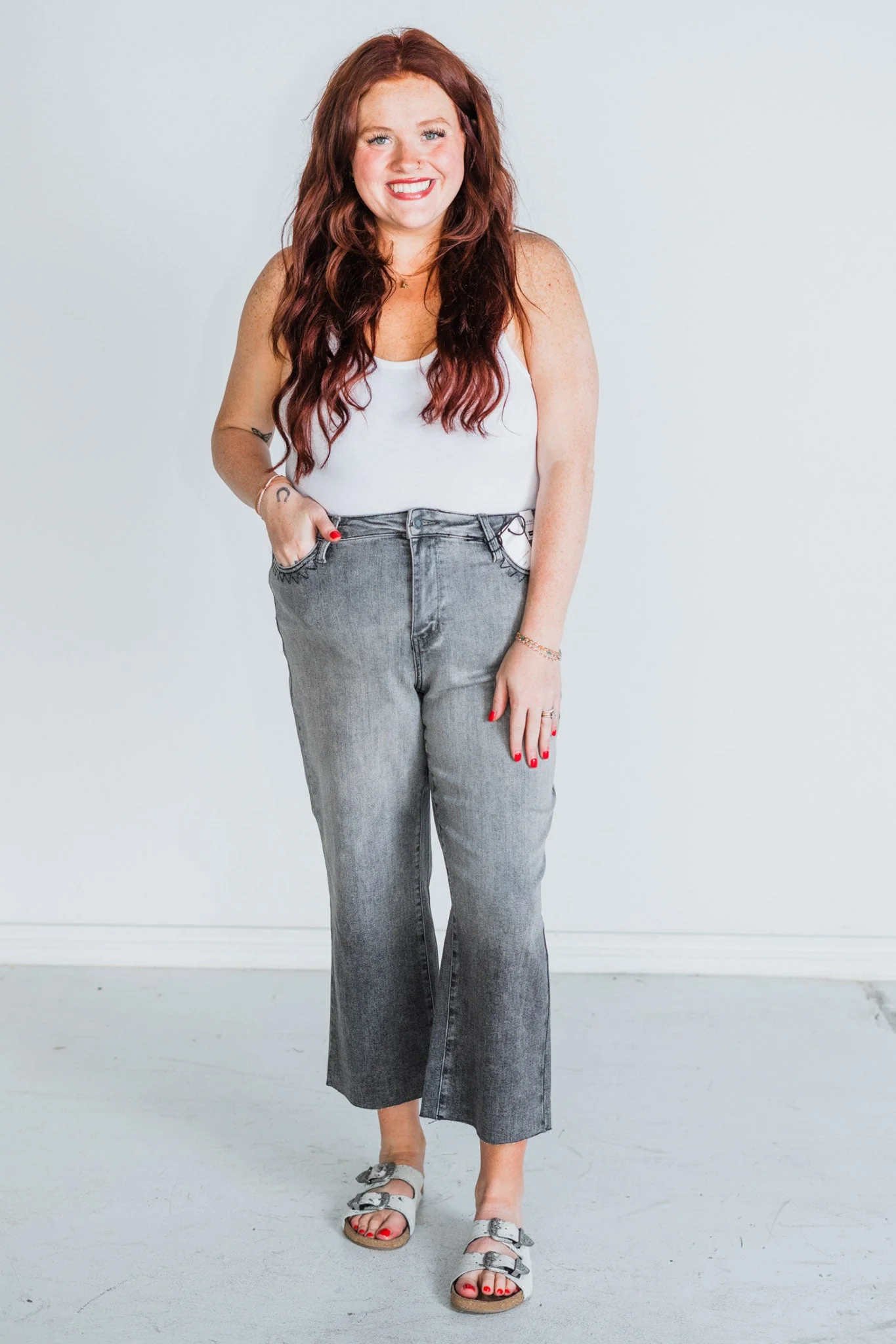 Judy Blue High Waist Gray Cropped Jeans with Embroidered Pocket Detail FINAL SALE - Image 12