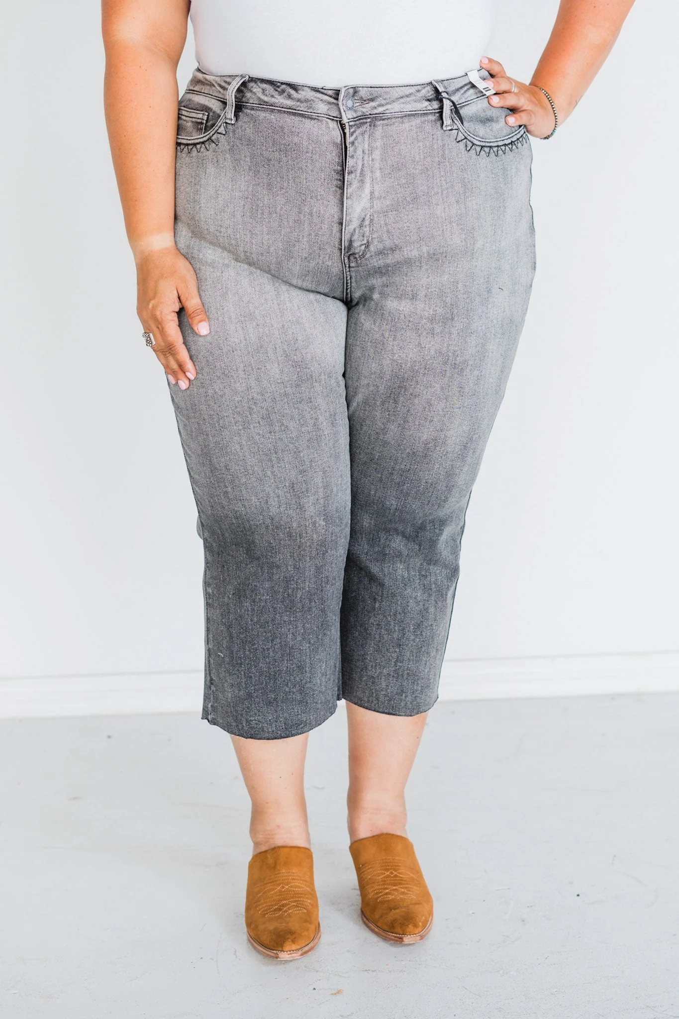 Judy Blue High Waist Gray Cropped Jeans with Embroidered Pocket Detail FINAL SALE - Image 9