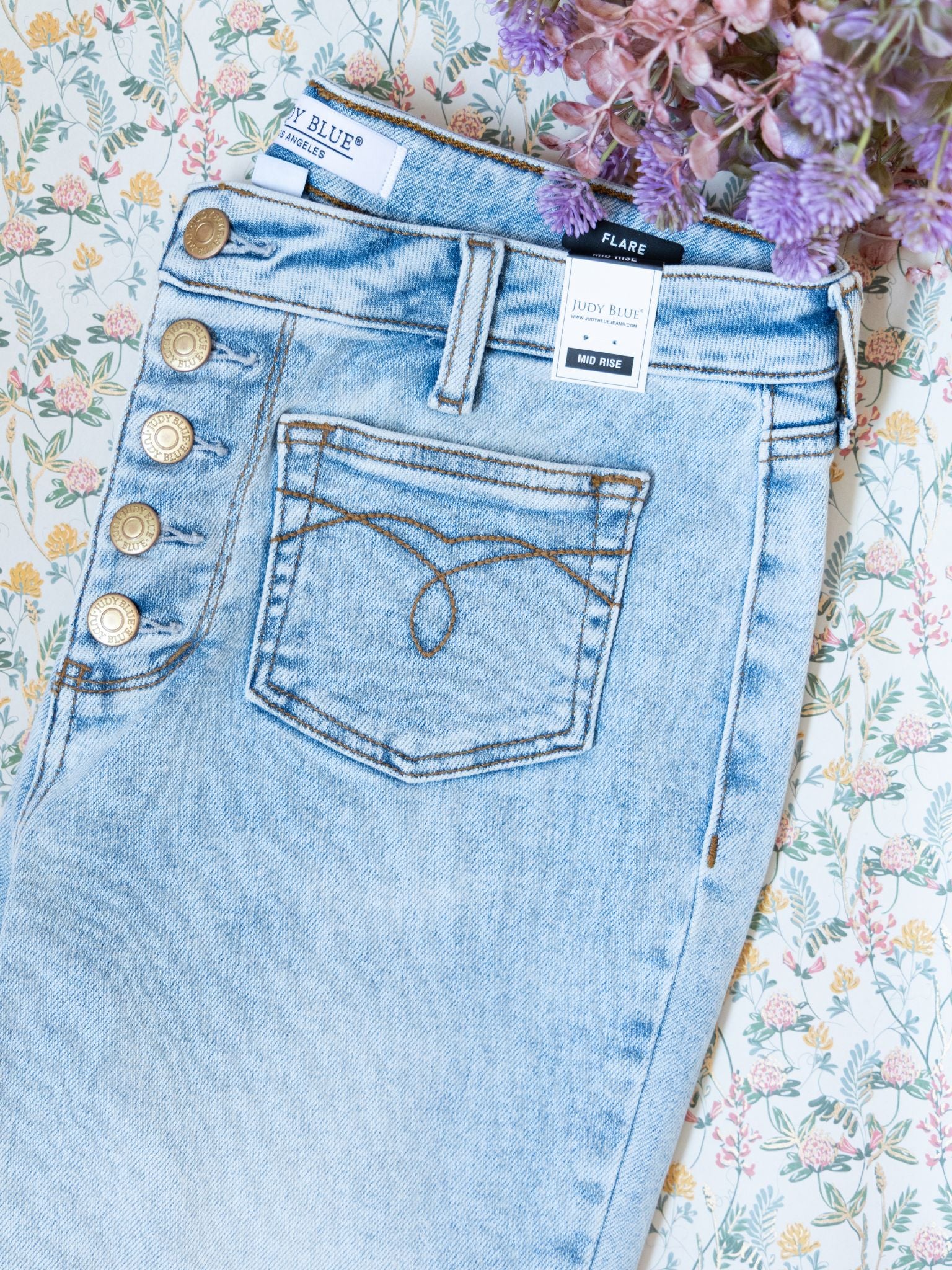 Judy Blue Mid Rise Button Fly Flares With Embroidered Pockets - Image 13