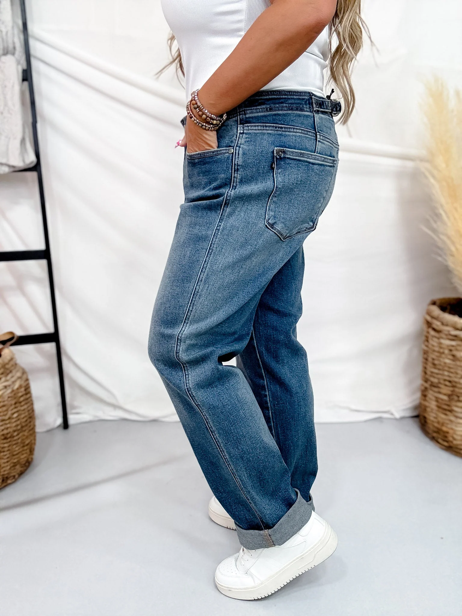 Judy Blue Mid Rise Hollywood Waist Boyfriend Jeans W/ Adjustable Waist Tab - Image 5