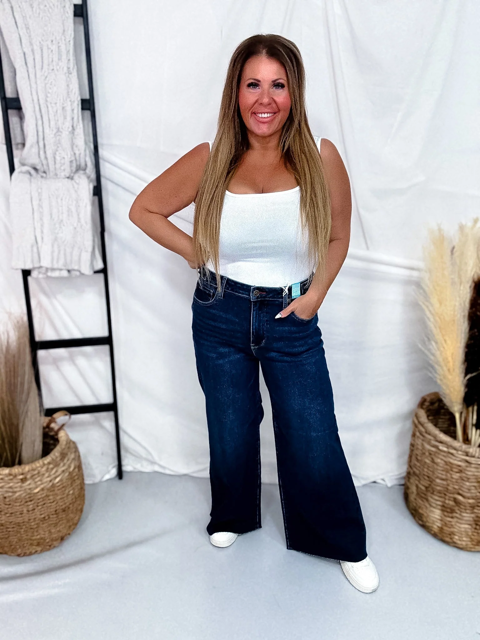 Judy Blue Petite High Waist Retro Wide Leg Jeans W/ Adjustable Waist Tabs - Image 2