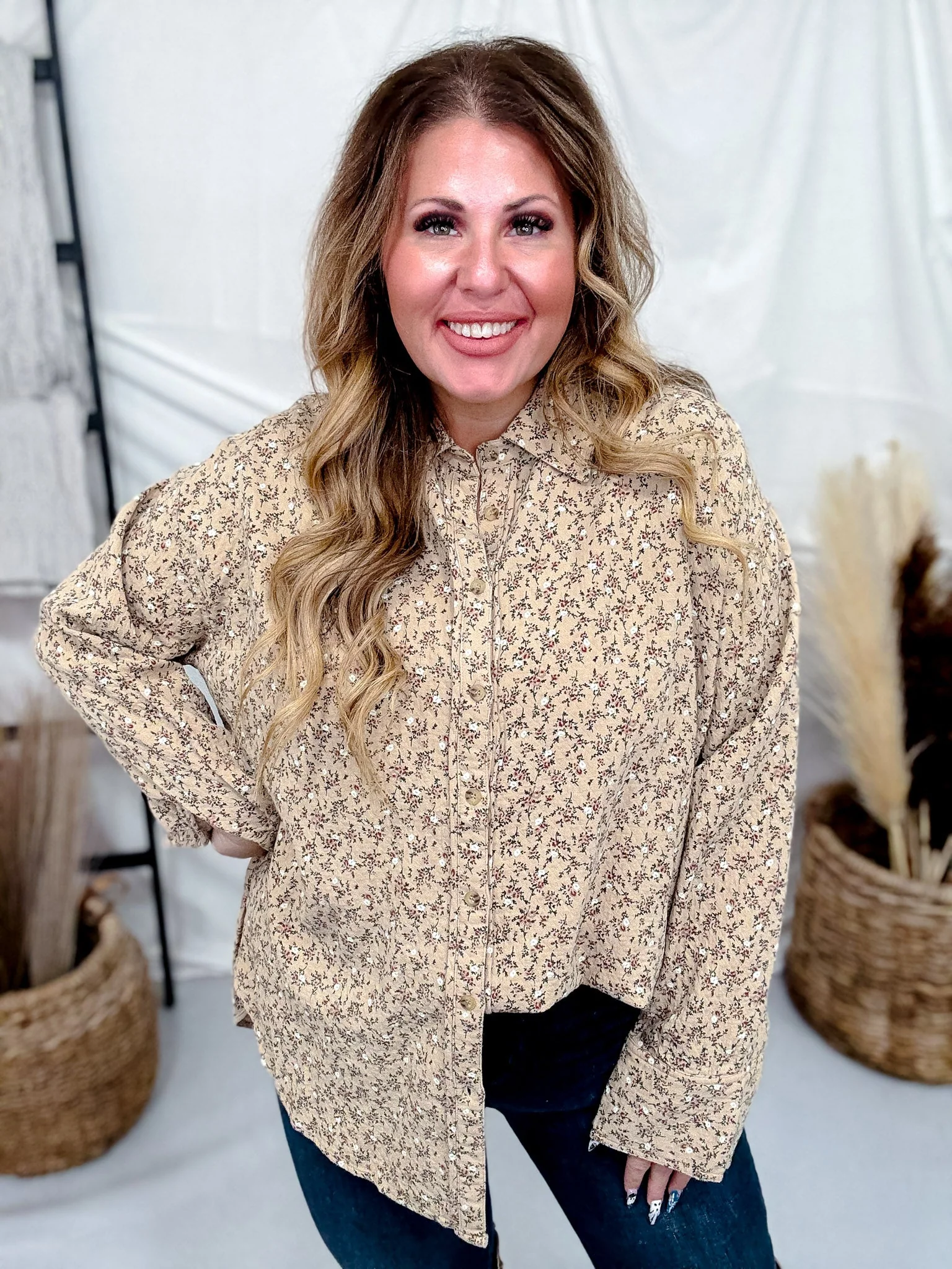 Khaki Floral Print Button Front Gauze Shirt FINAL SALE