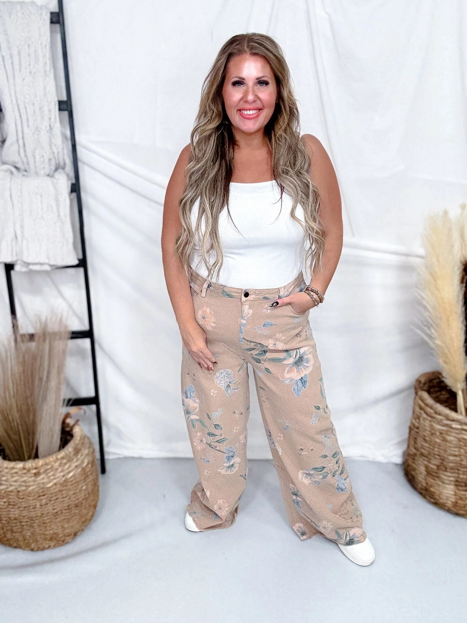 Khaki Floral Print High Waist Straight Pants FINAL SALE - Image 2