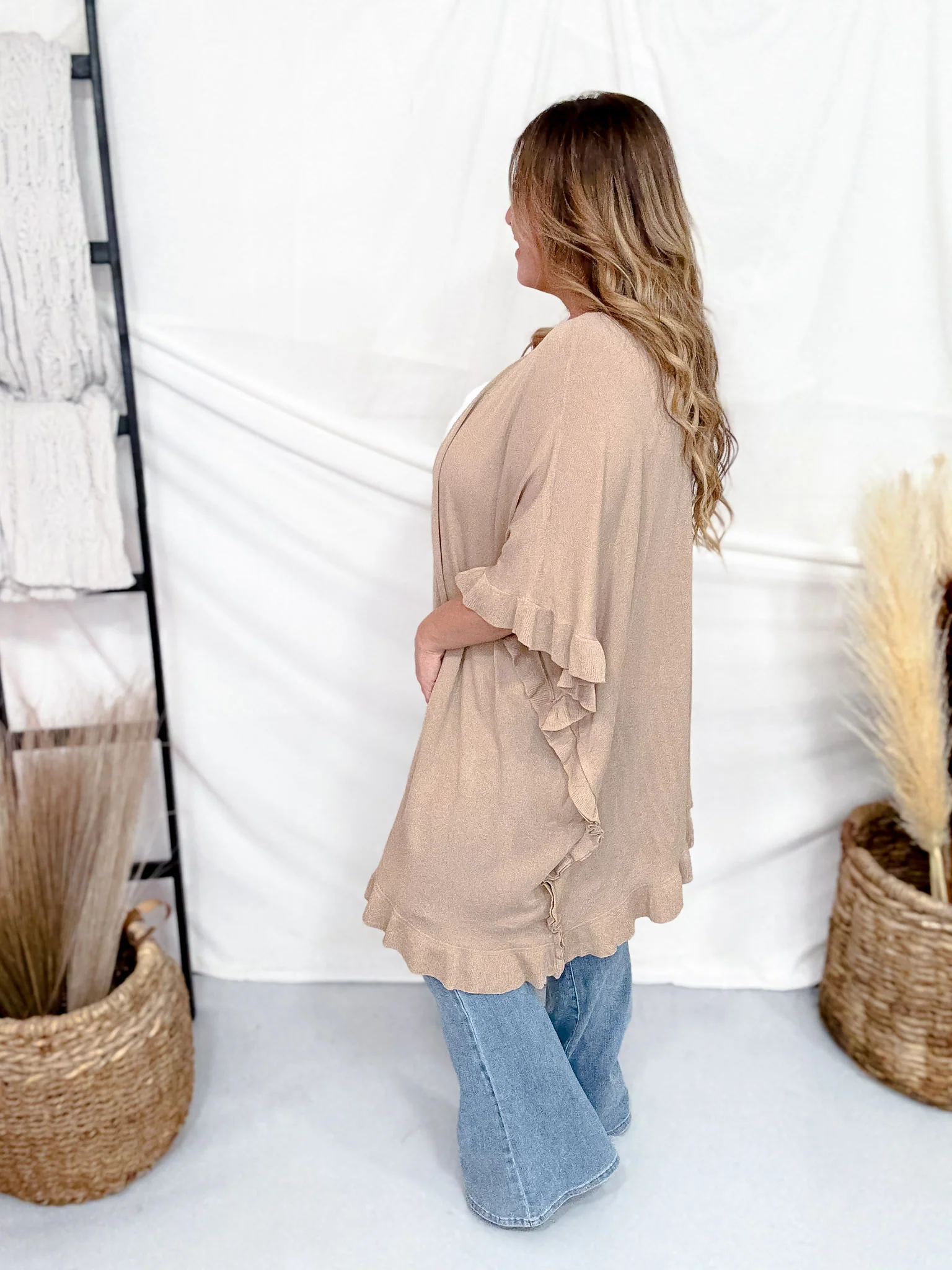 Khaki Ruffled Hem Open Front Cardigan FINAL SALE - Image 5