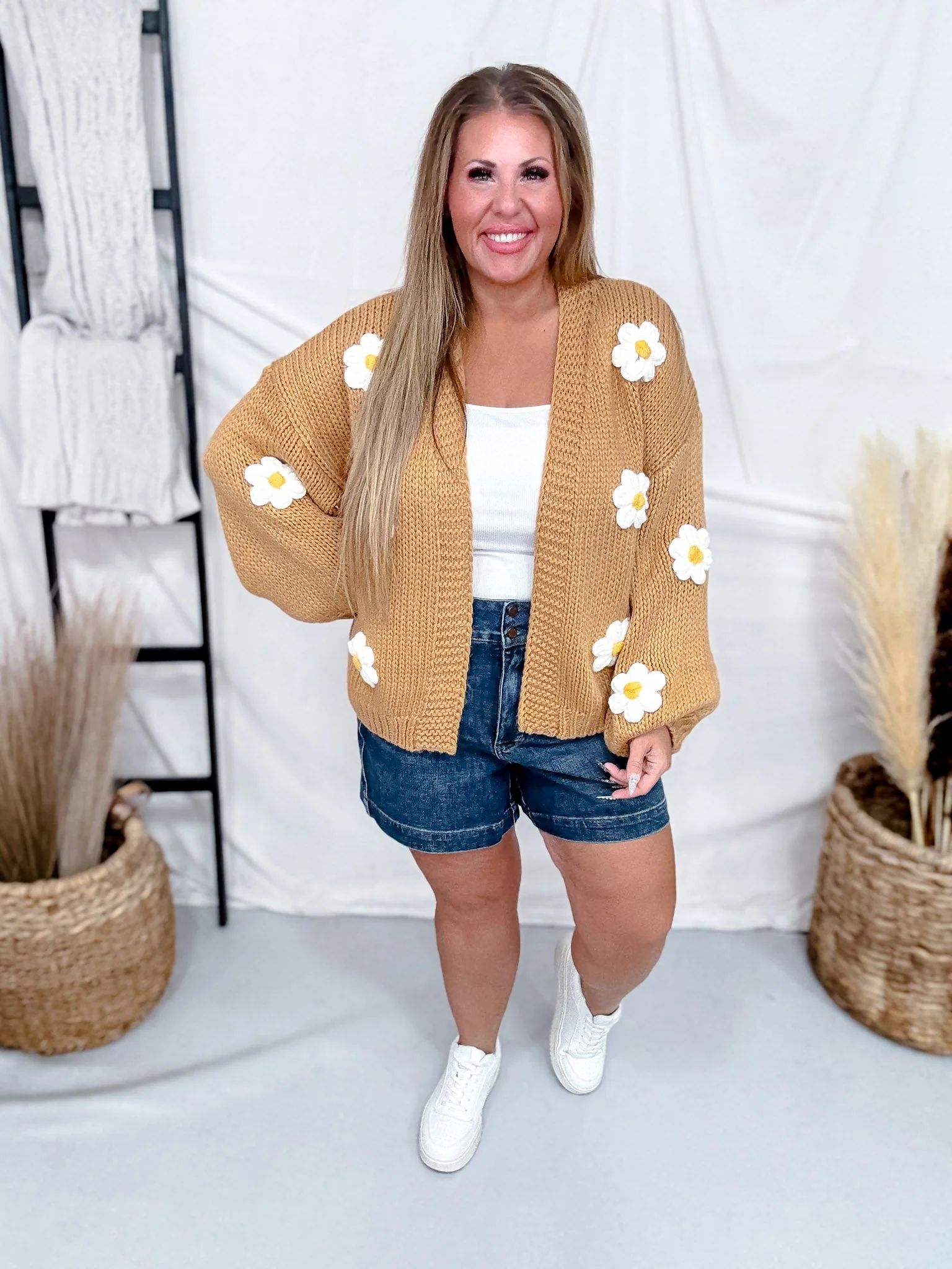 Knit Cardigan with Daisies in Camel Brown - Image 2