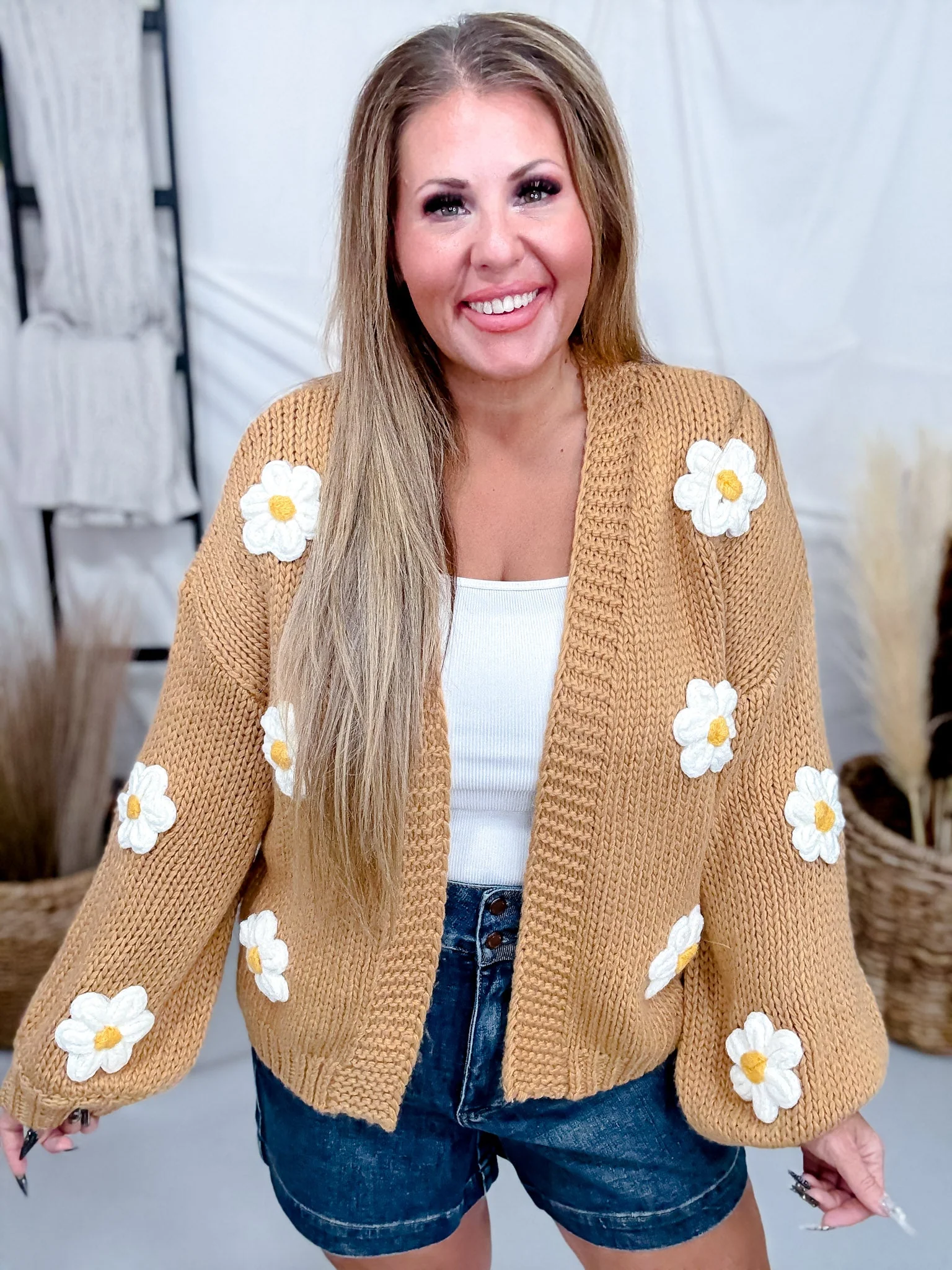 Knit Cardigan with Daisies in Camel Brown - Image 5