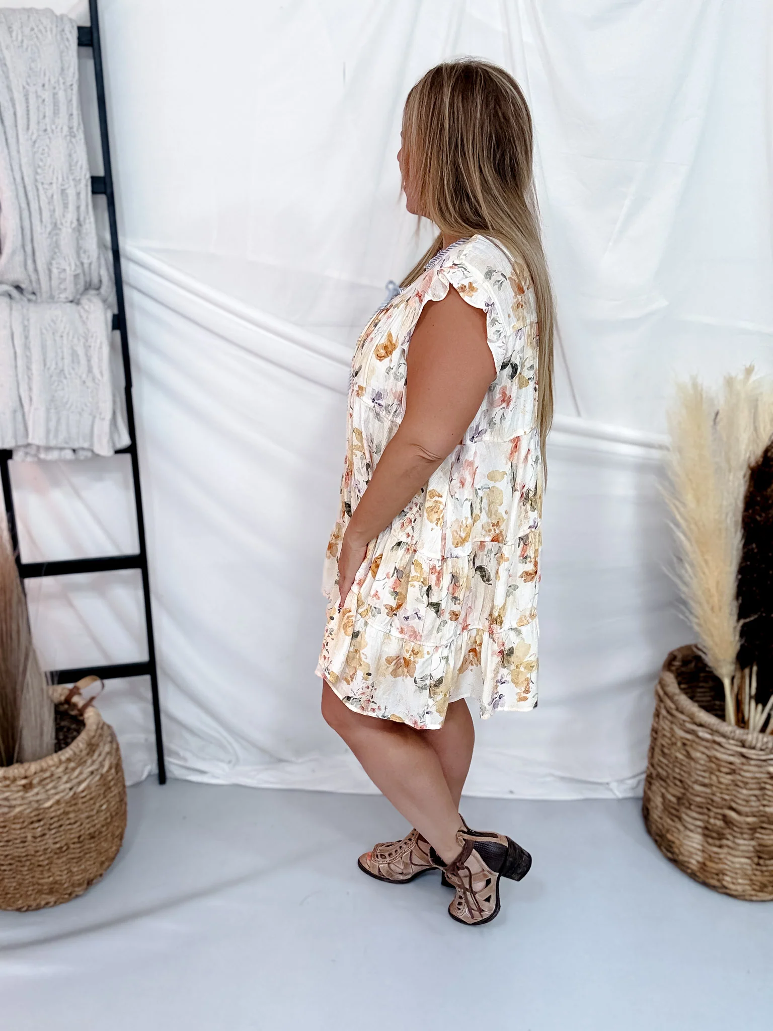 Ivory & Lavender Floral Tiered Babydoll Dress With Flutter Sleeves - Image 6
