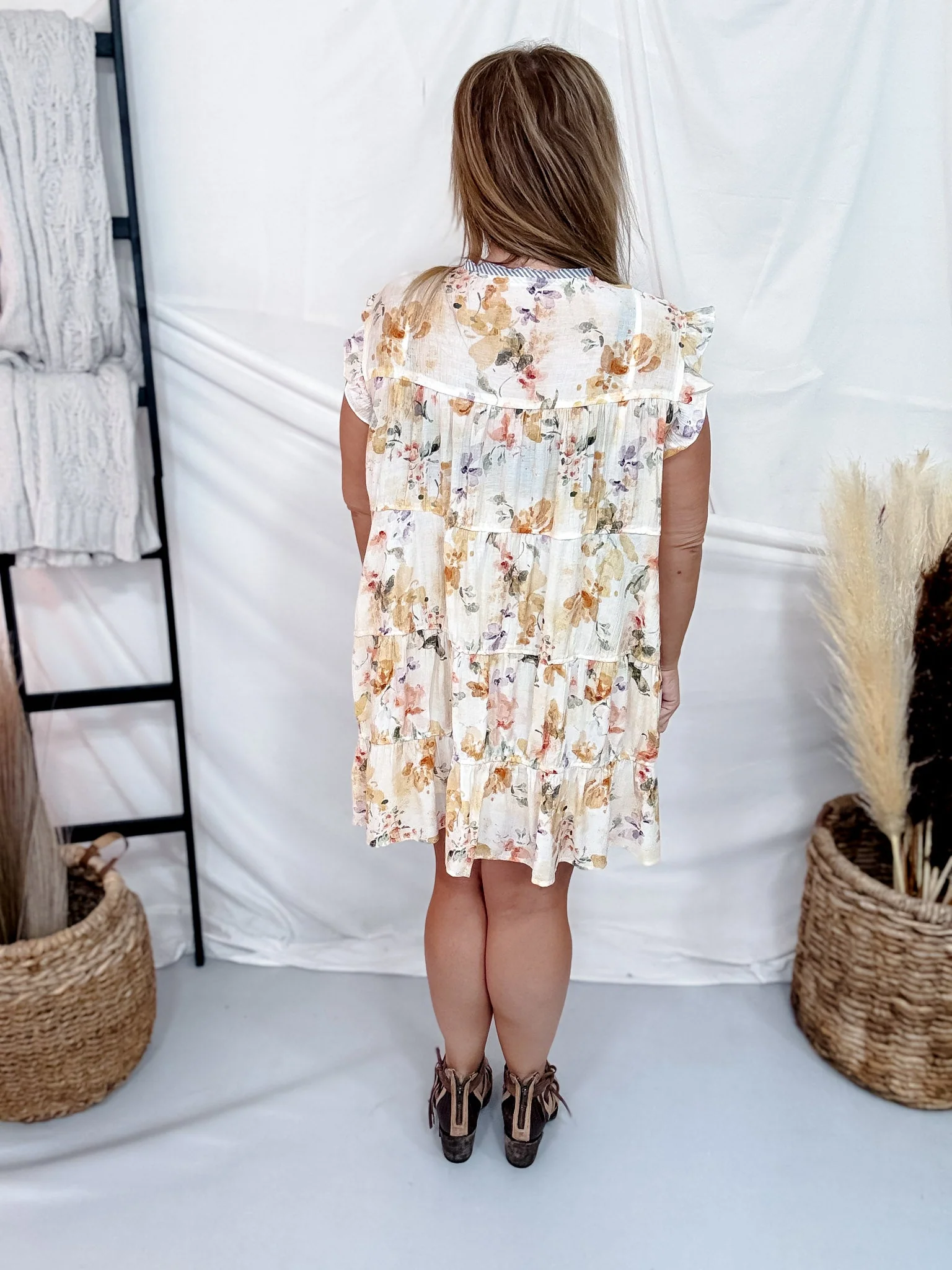 Ivory & Lavender Floral Tiered Babydoll Dress With Flutter Sleeves - Image 7