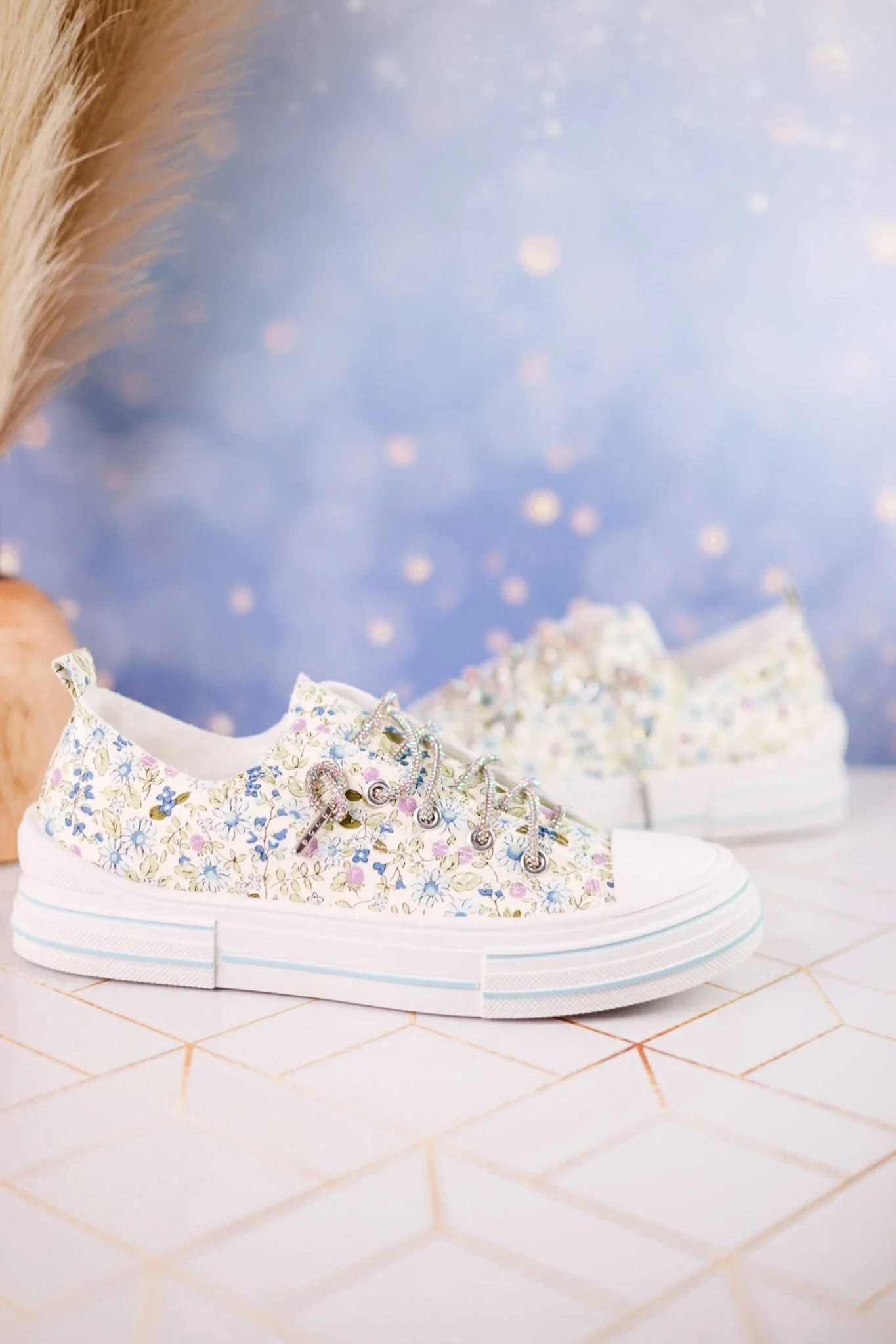 Light Blue Floral Aman Sneakers With Rhinestone Laces FINAL SALE - Image 4