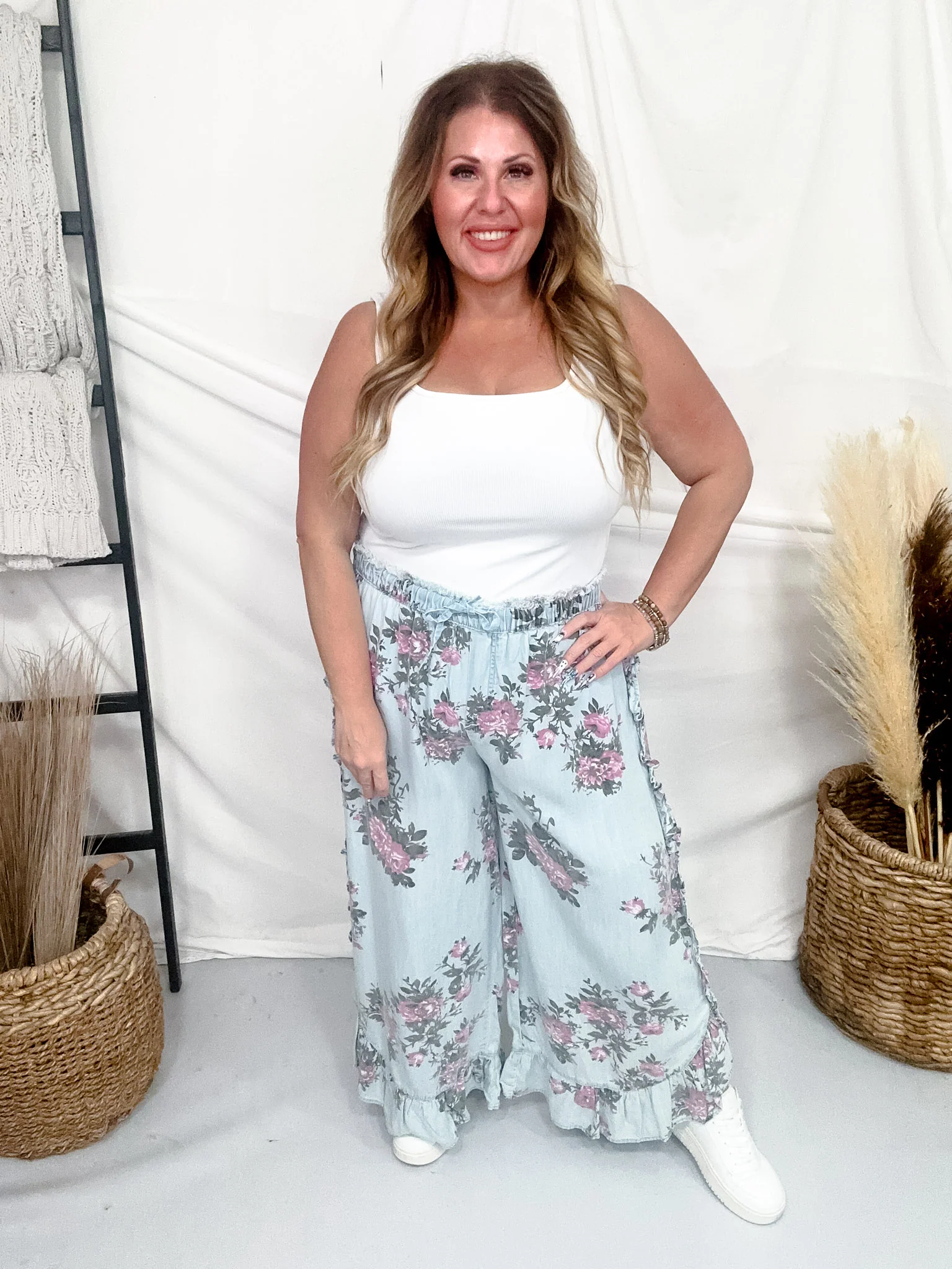Light Blue Floral Chambray Pants With Ruffled Hem FINAL SALE - Image 2