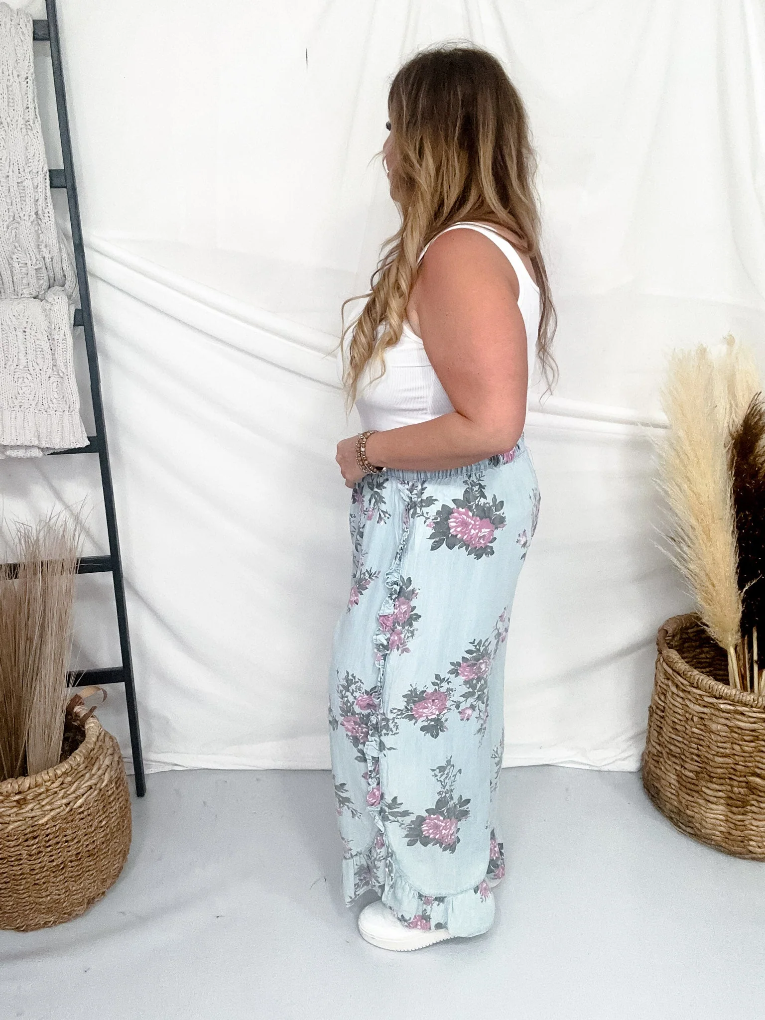 Light Blue Floral Chambray Pants With Ruffled Hem FINAL SALE - Image 6