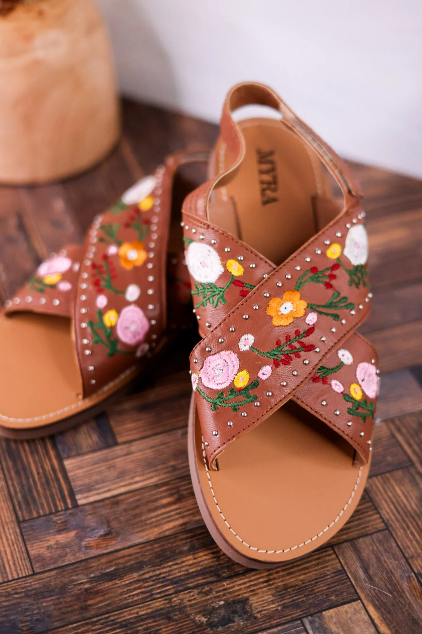 Lilytrail Floral Embroidered Tan Leather Sandals FINAL SALE