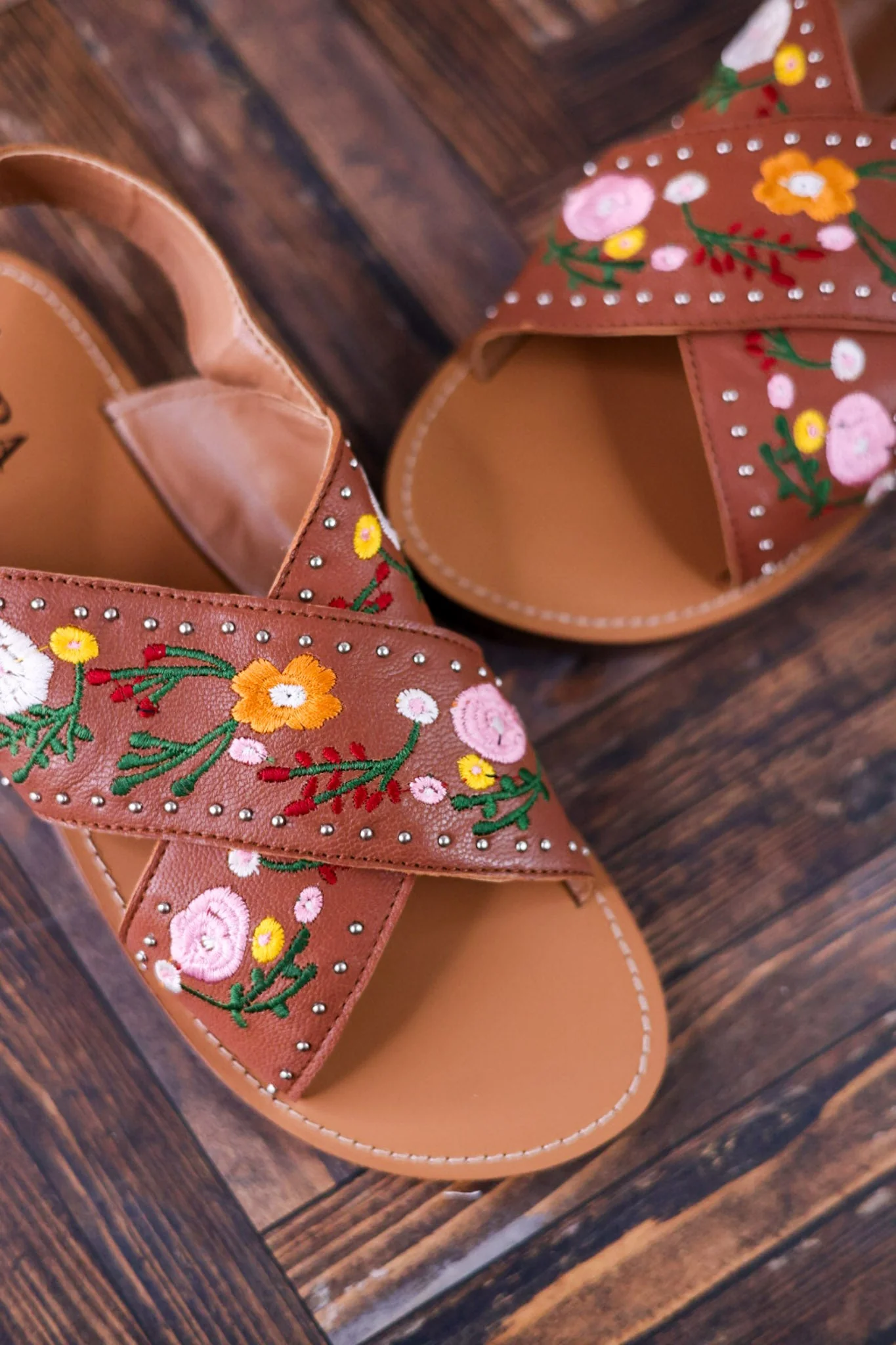 Lilytrail Floral Embroidered Tan Leather Sandals FINAL SALE - Image 3