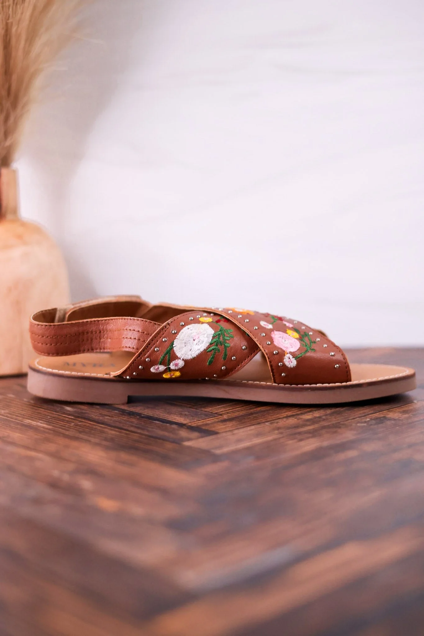 Lilytrail Floral Embroidered Tan Leather Sandals FINAL SALE - Image 6