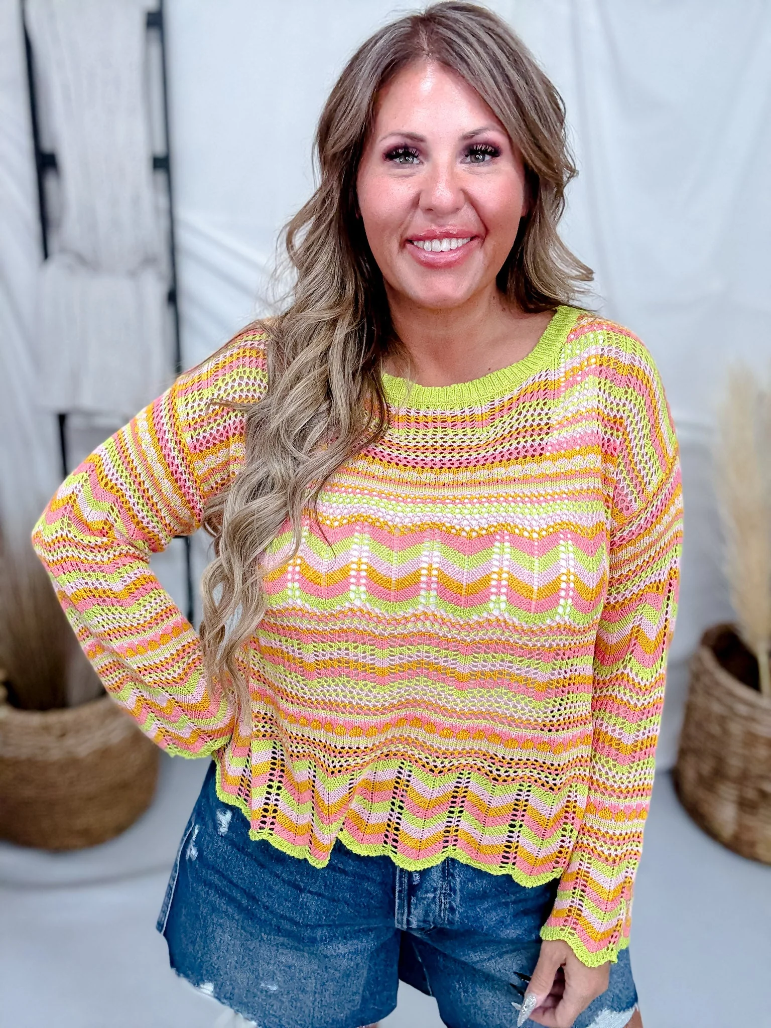 Lime Striped Open Knit Sweater With Scalloped Edges FINAL SALE