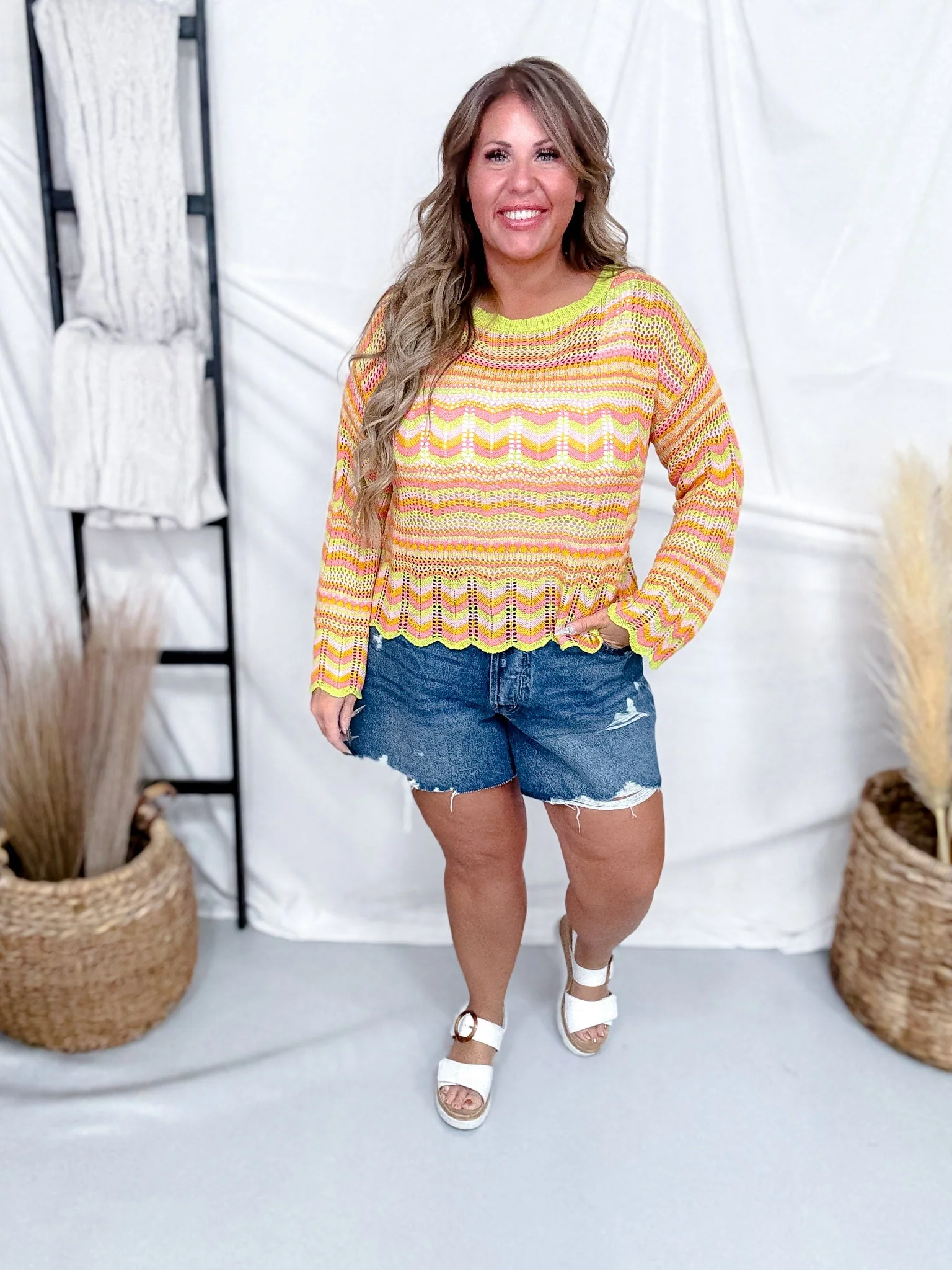 Lime Striped Open Knit Sweater With Scalloped Edges FINAL SALE - Image 2