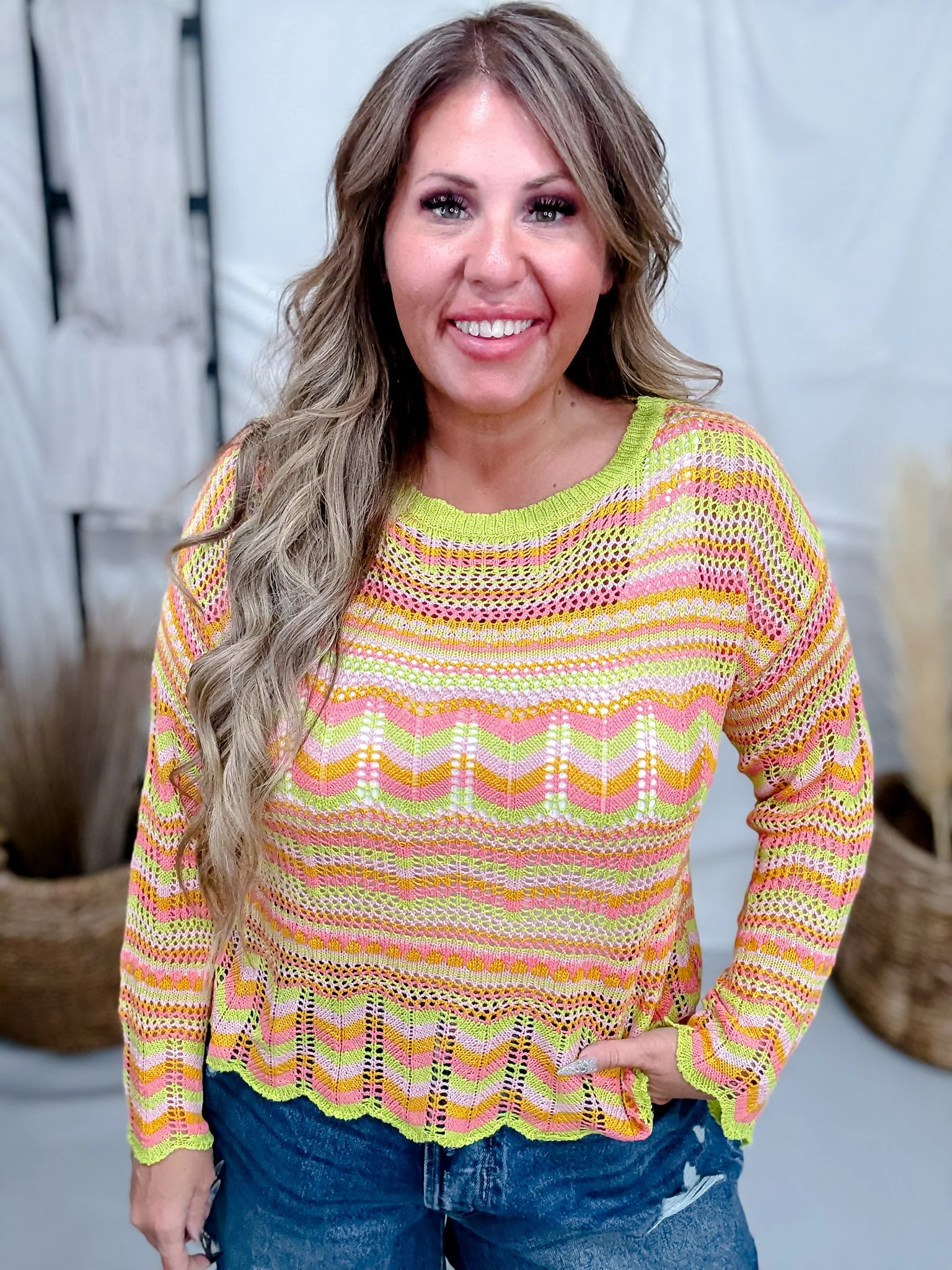 Lime Striped Open Knit Sweater With Scalloped Edges FINAL SALE - Image 3