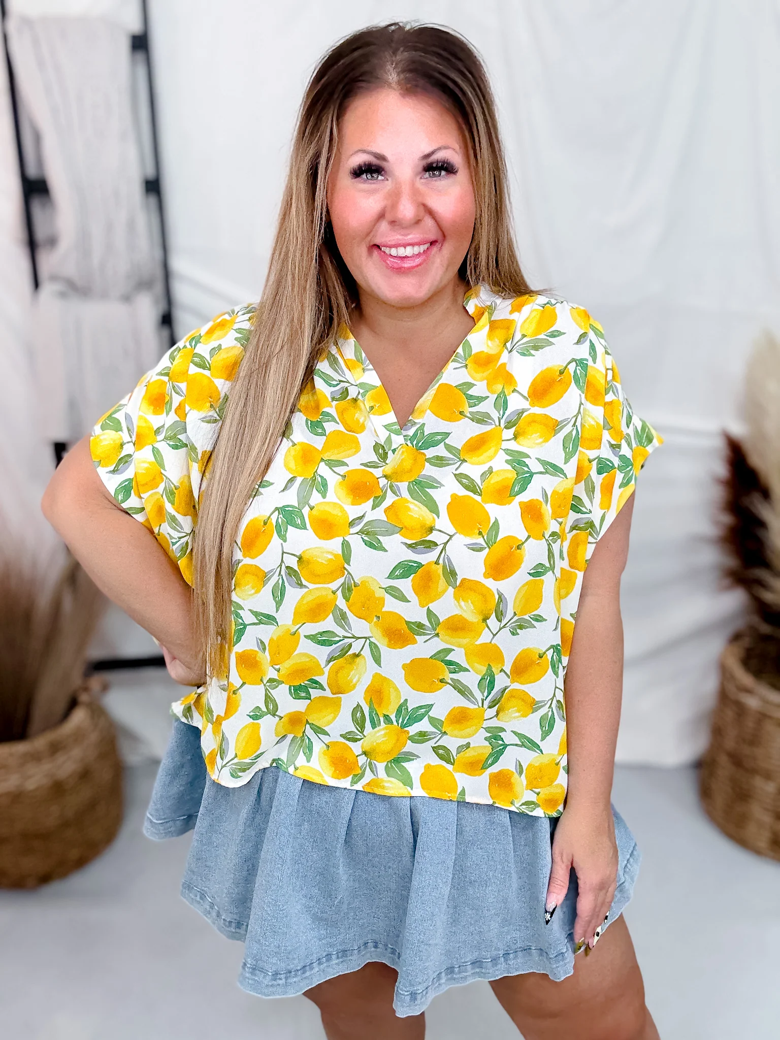 Limoncello Shirred Sleeve Top With Mandarin Collar FINAL SALE