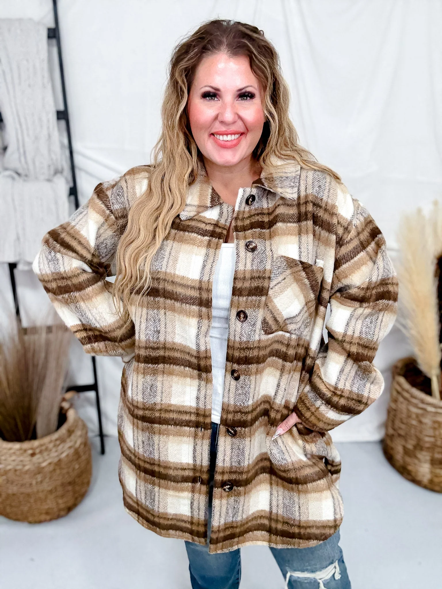 Long Sleeve Button Down Checkered Shacket FINAL SALE - Image 5