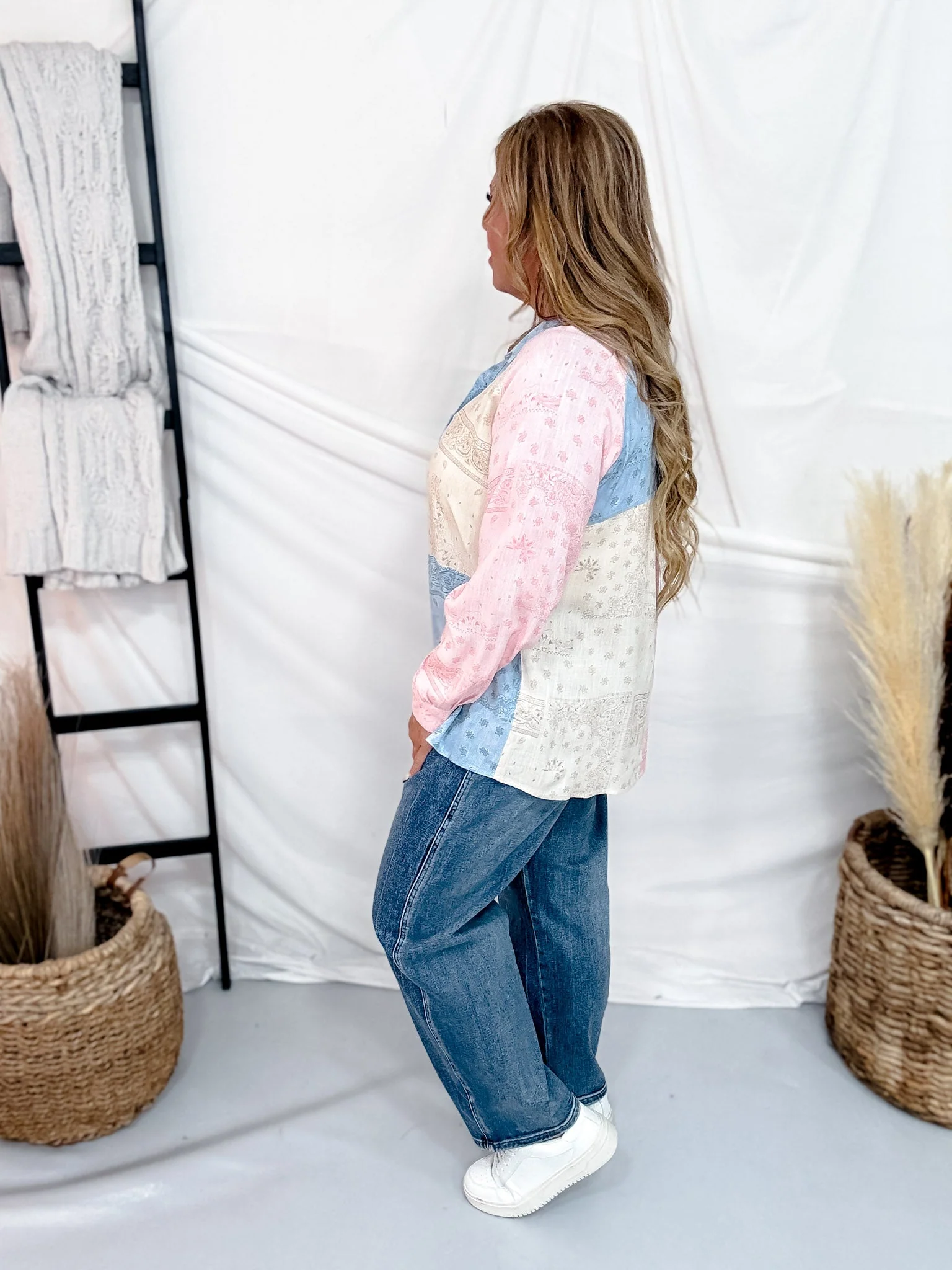 Long Sleeve Button Front Patchwork Bandana Blouse - Image 4