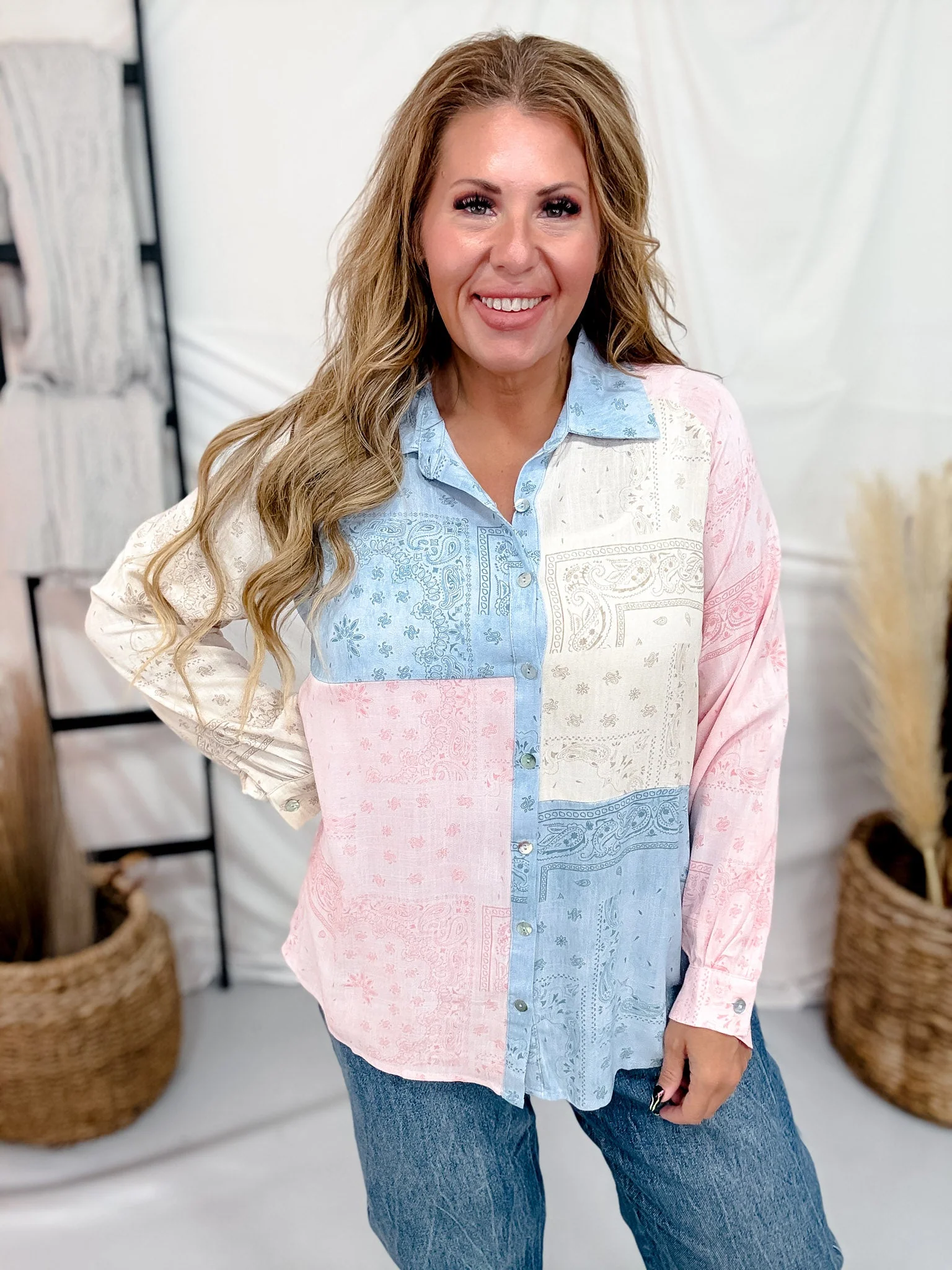 Long Sleeve Button Front Patchwork Bandana Blouse - Image 7